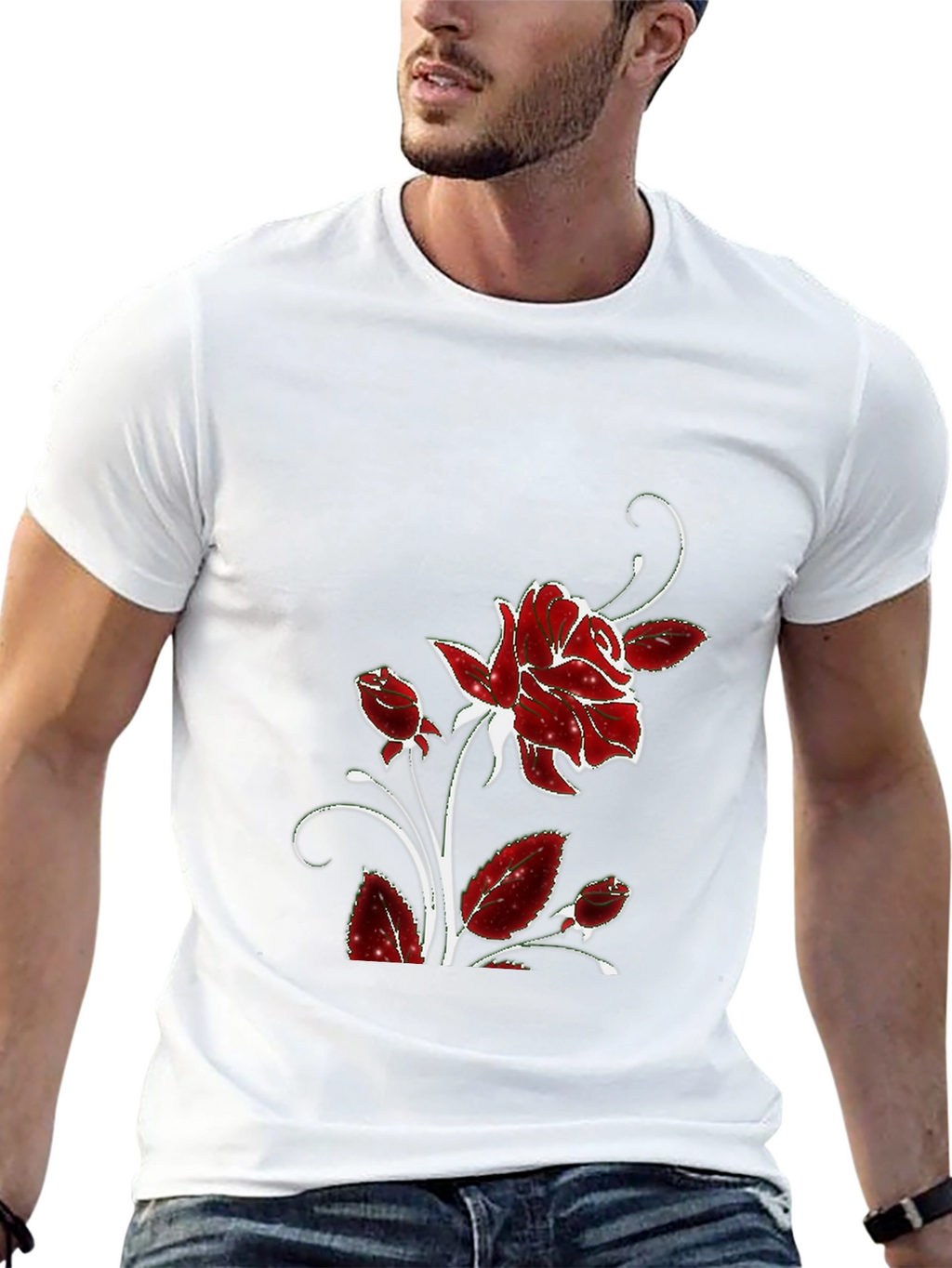 Black Tee with Floral Rose Design