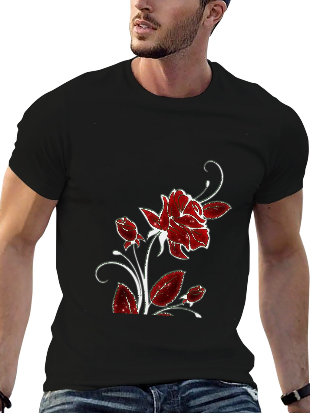 Black Tee with Floral Rose Design