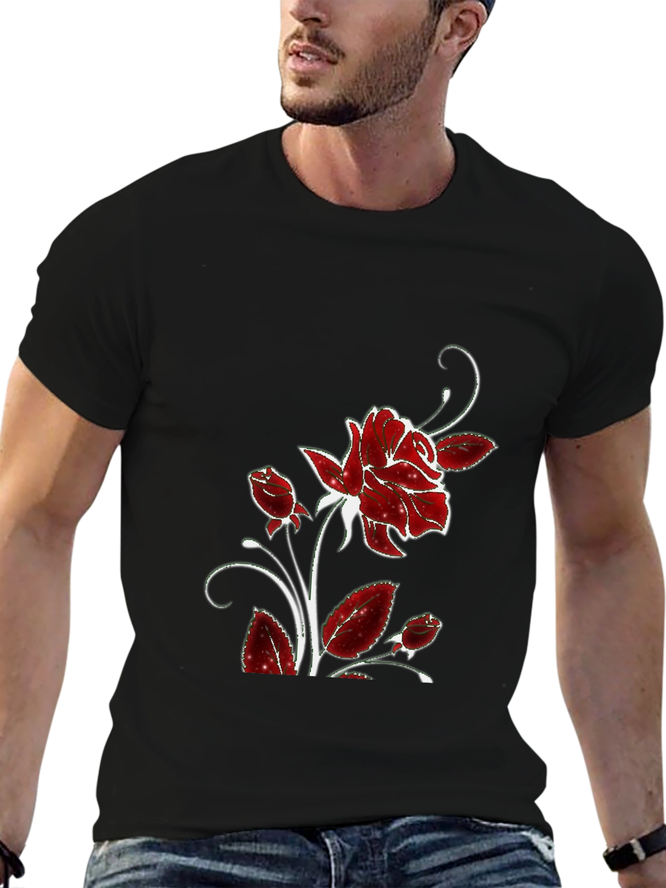 Black Tee with Floral Rose Design