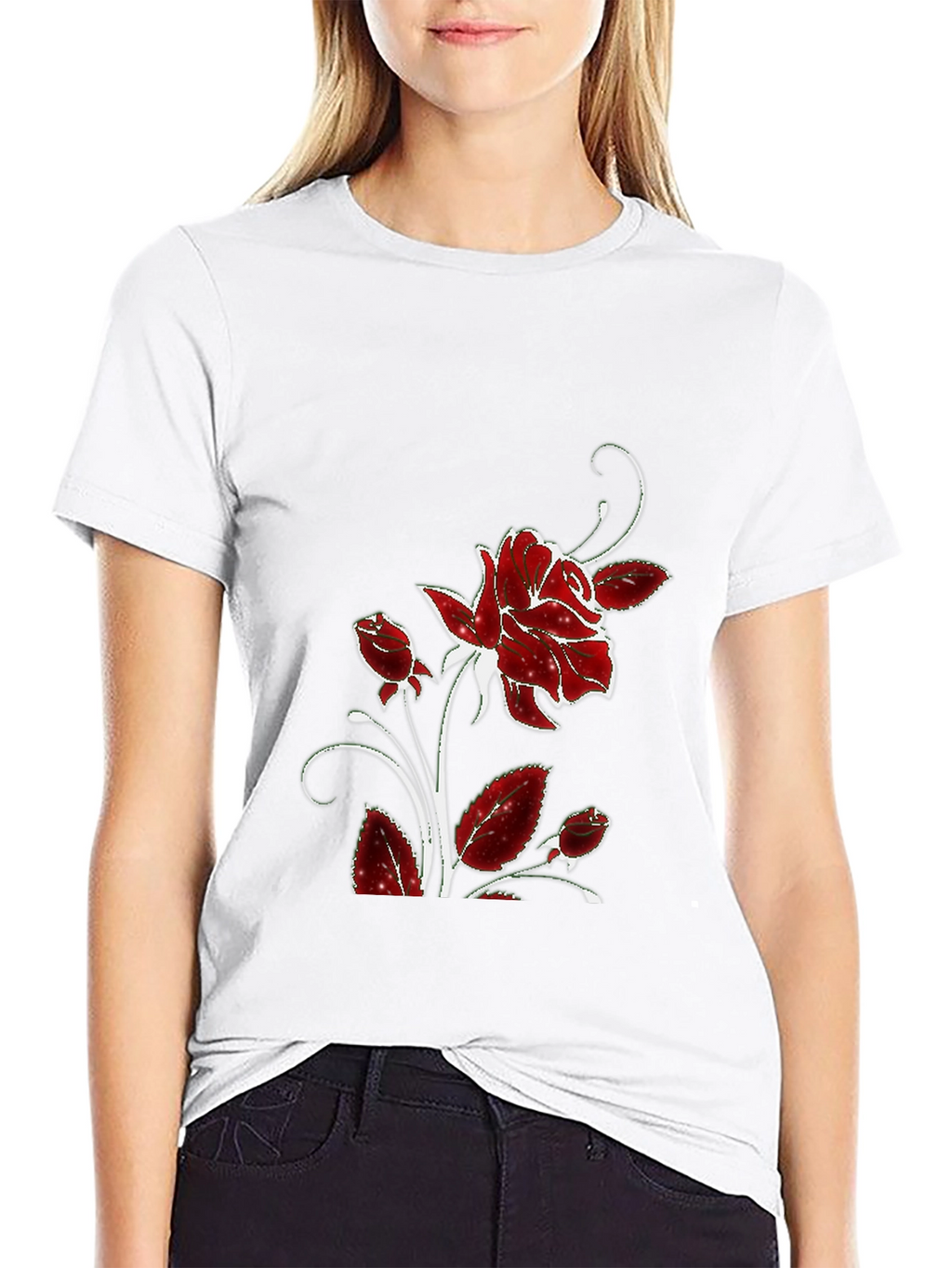 Black Tee with Floral Rose Design