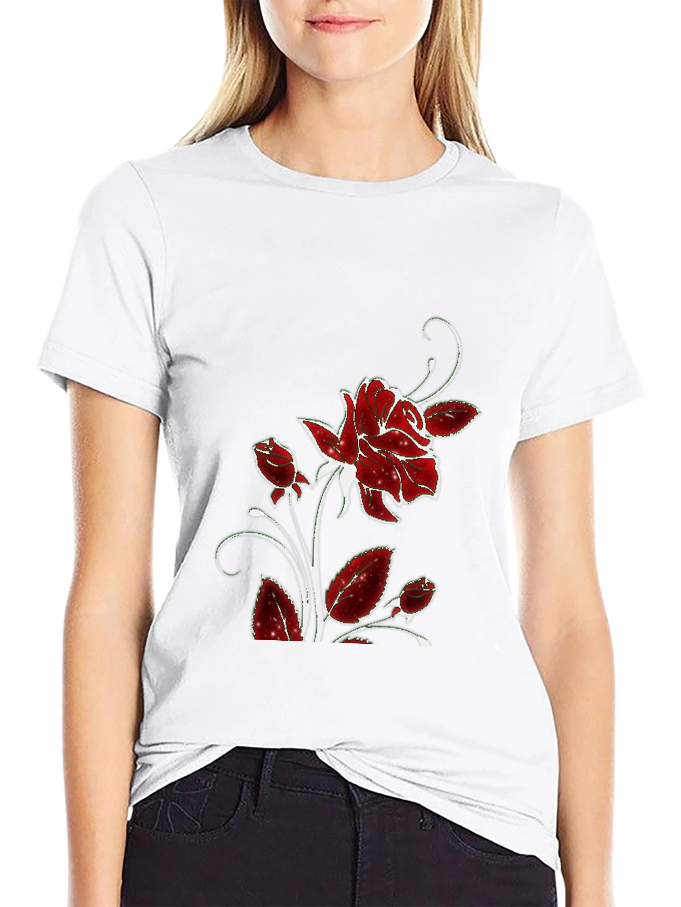 Black Tee with Floral Rose Design