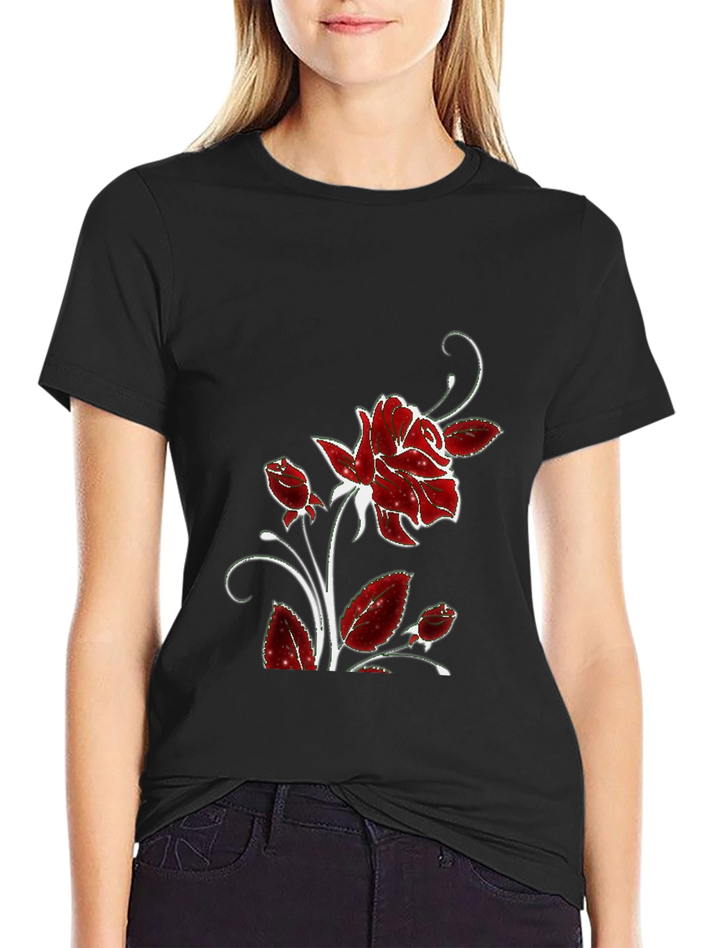 Black Tee with Floral Rose Design