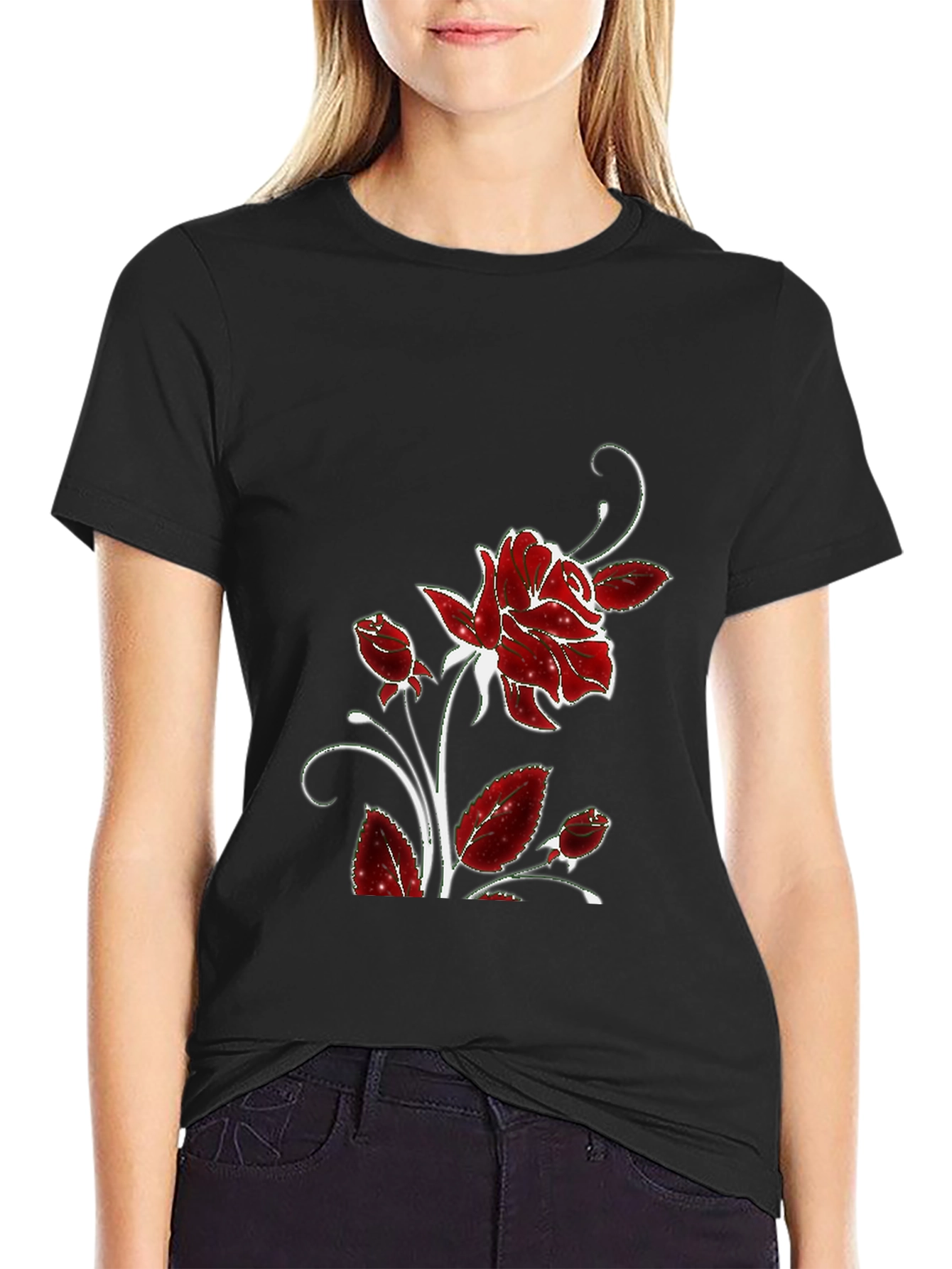 Black Tee with Floral Rose Design