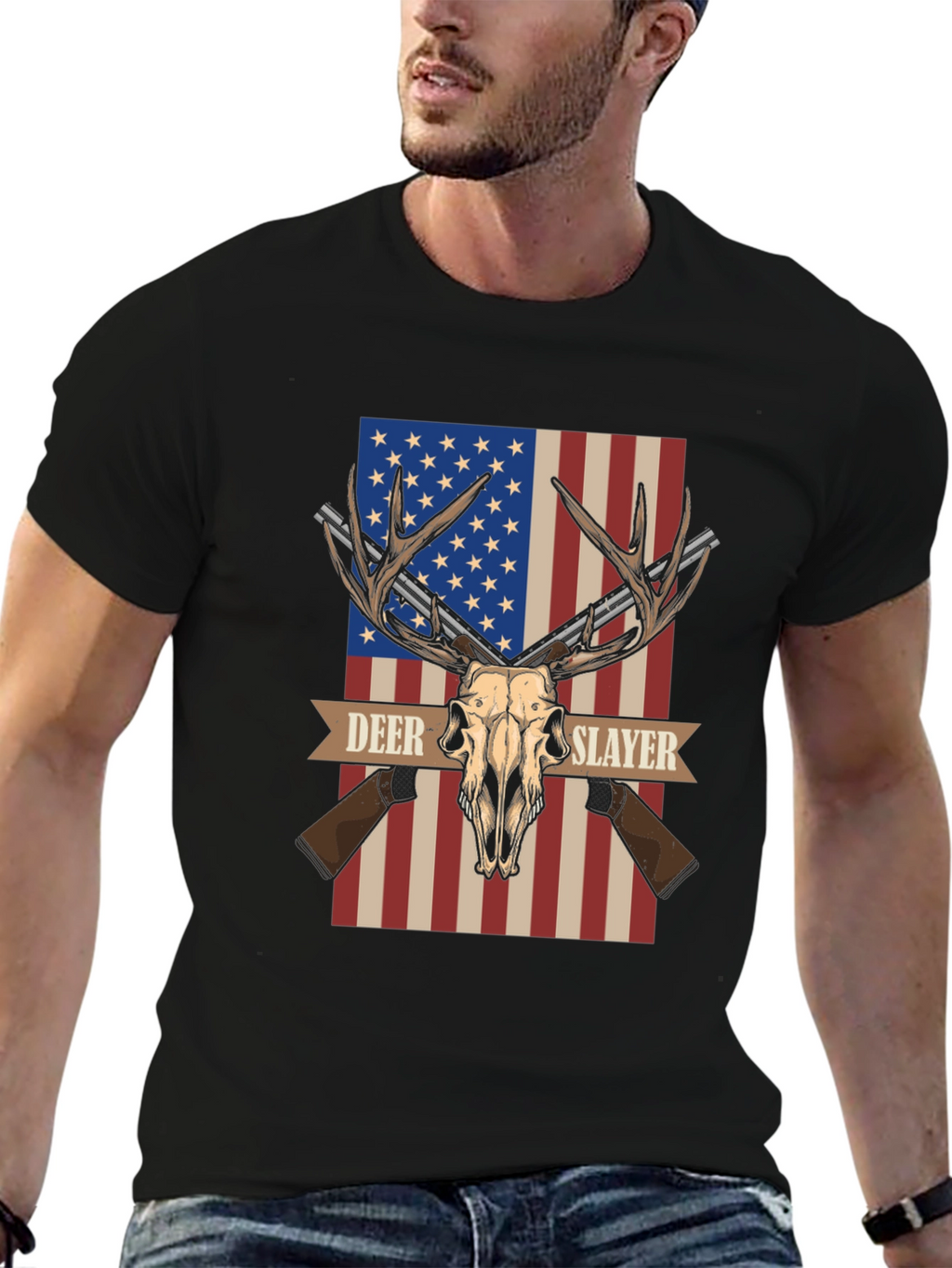 Deer Slayer Graphic T-Shirt - American Flag Hunting Tee