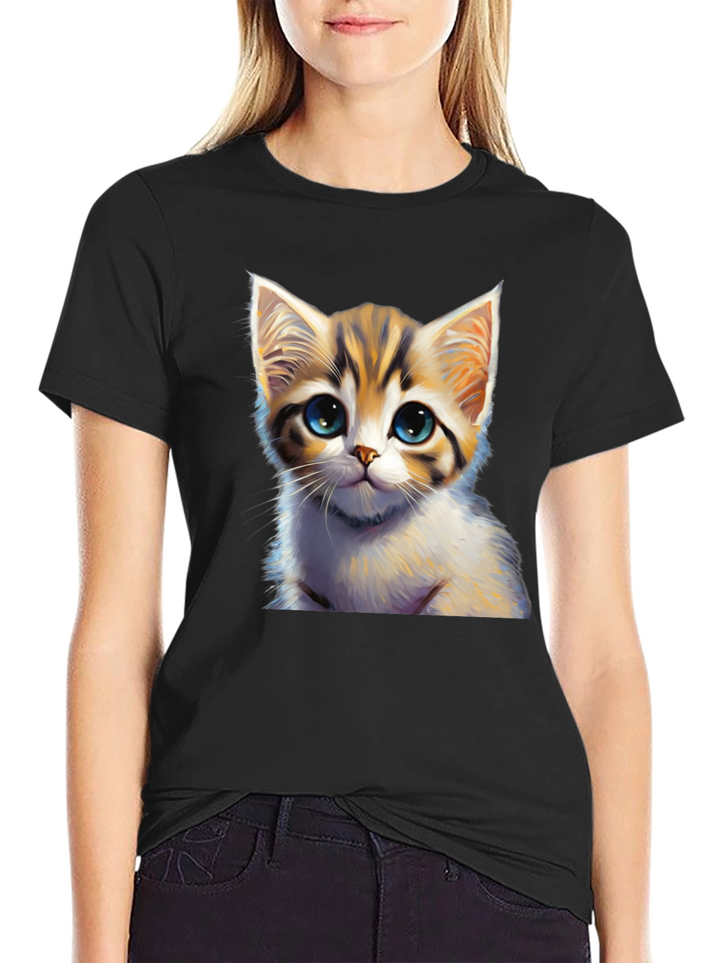 Cute Kitten Graphic Print Black T-Shirt