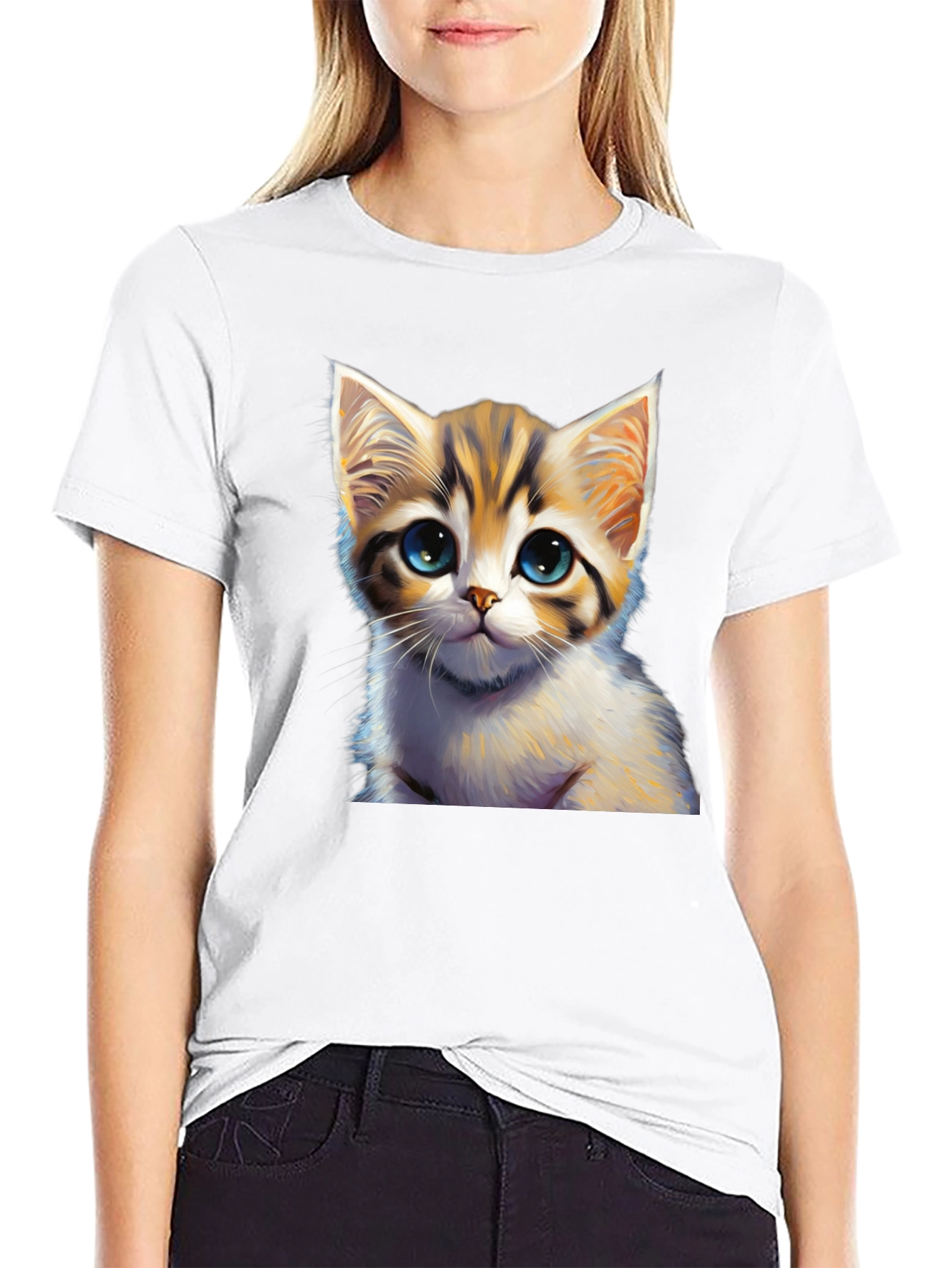 Cute Kitten Graphic Print Black T-Shirt