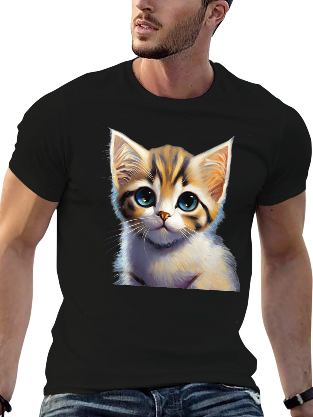 Cute Kitten Graphic Print Black T-Shirt