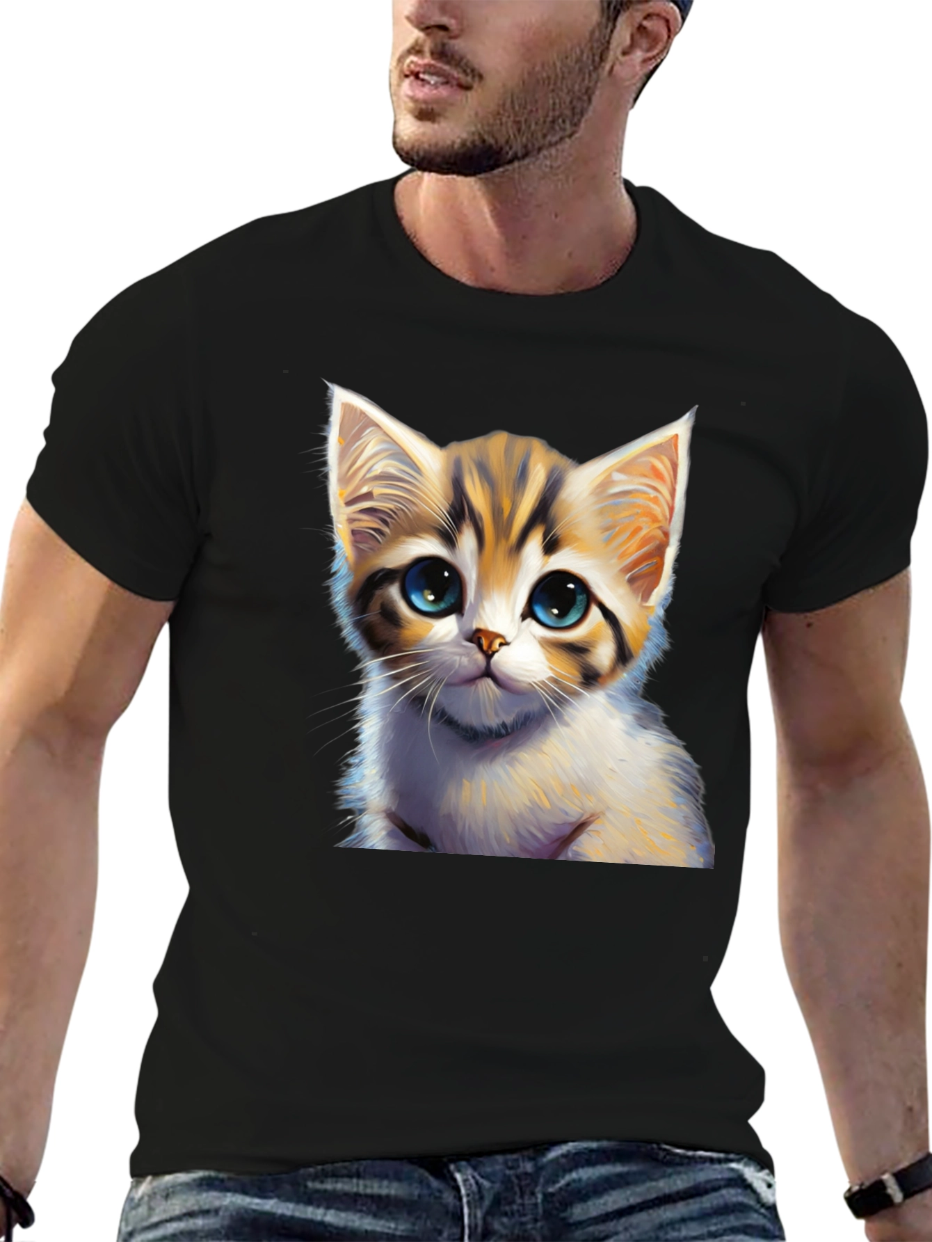 Cute Kitten Graphic Print Black T-Shirt