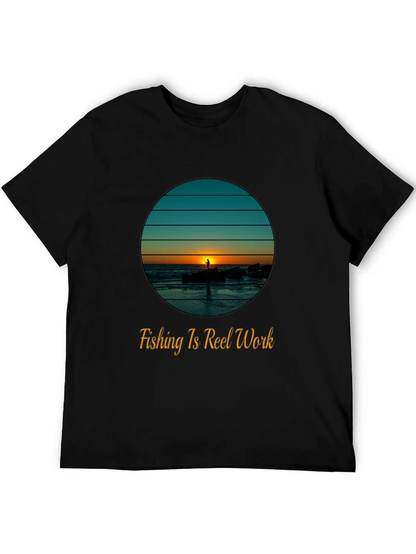 Fishing Is Reel Work Tee - Sunset Fisherman Graphic T-Shirt