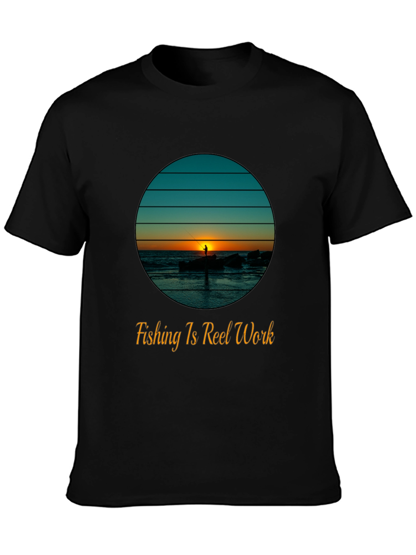 Fishing Is Reel Work Tee - Sunset Fisherman Graphic T-Shirt