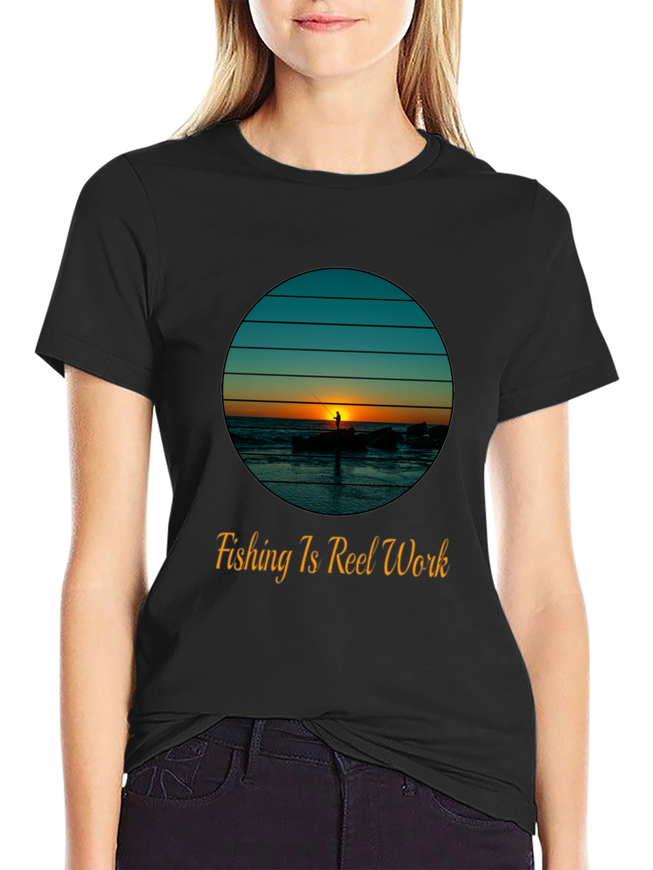 Fishing Is Reel Work Tee - Sunset Fisherman Graphic T-Shirt