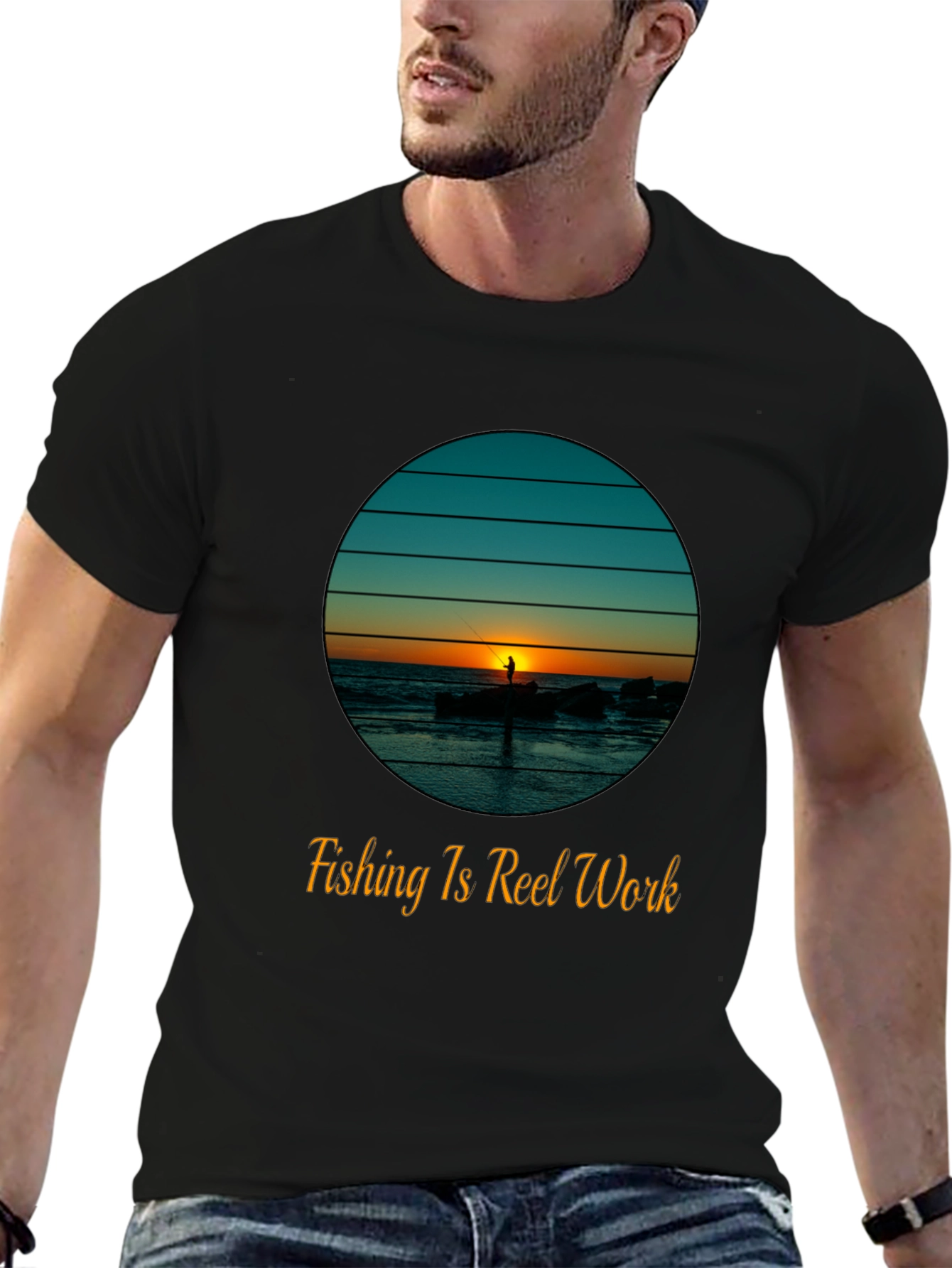 Fishing Is Reel Work Tee - Sunset Fisherman Graphic T-Shirt