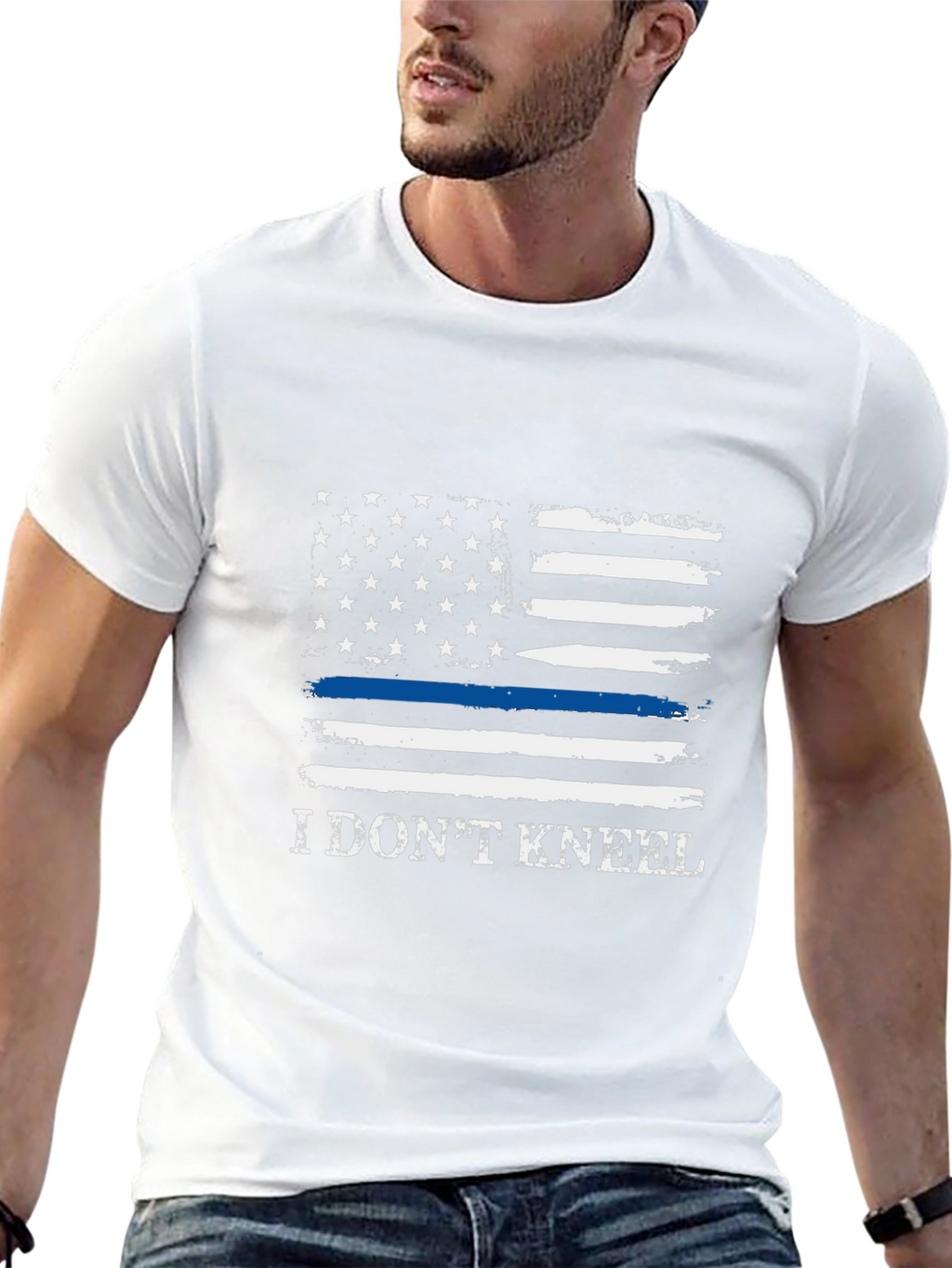 I Dont Kneel Thin Blue Line American Flag T-Shirt