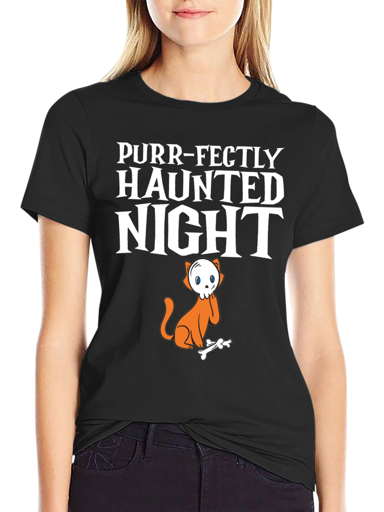 Purr-Fectly Haunted Night Halloween Cat T-Shirt