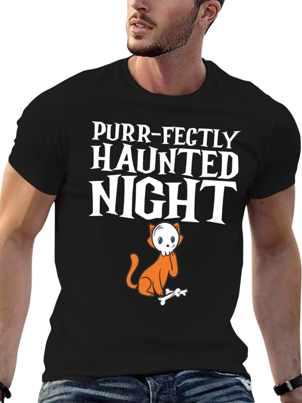 Purr-Fectly Haunted Night Halloween Cat T-Shirt