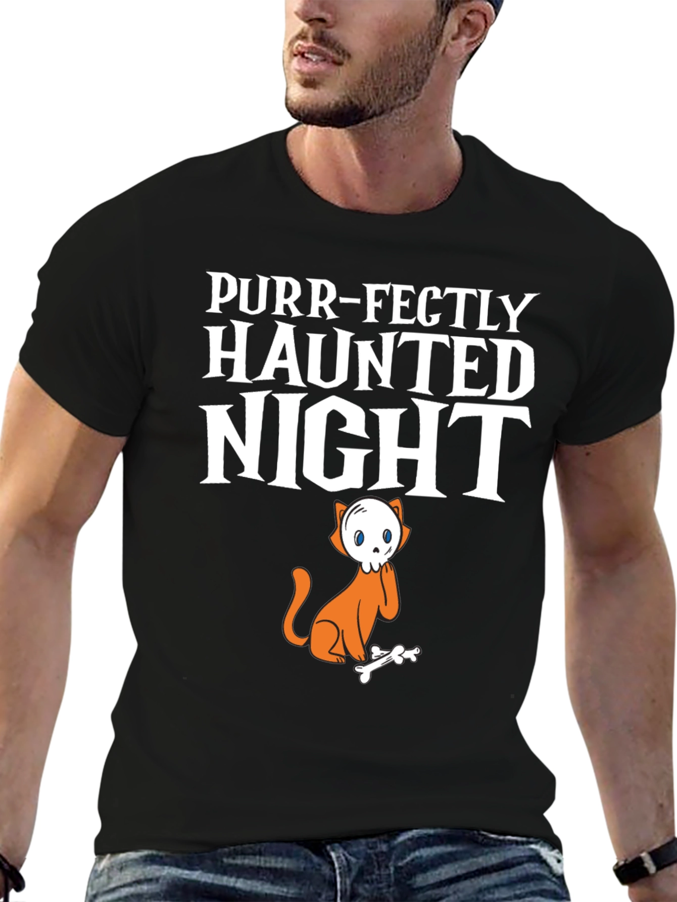 Purr-Fectly Haunted Night Halloween Cat T-Shirt