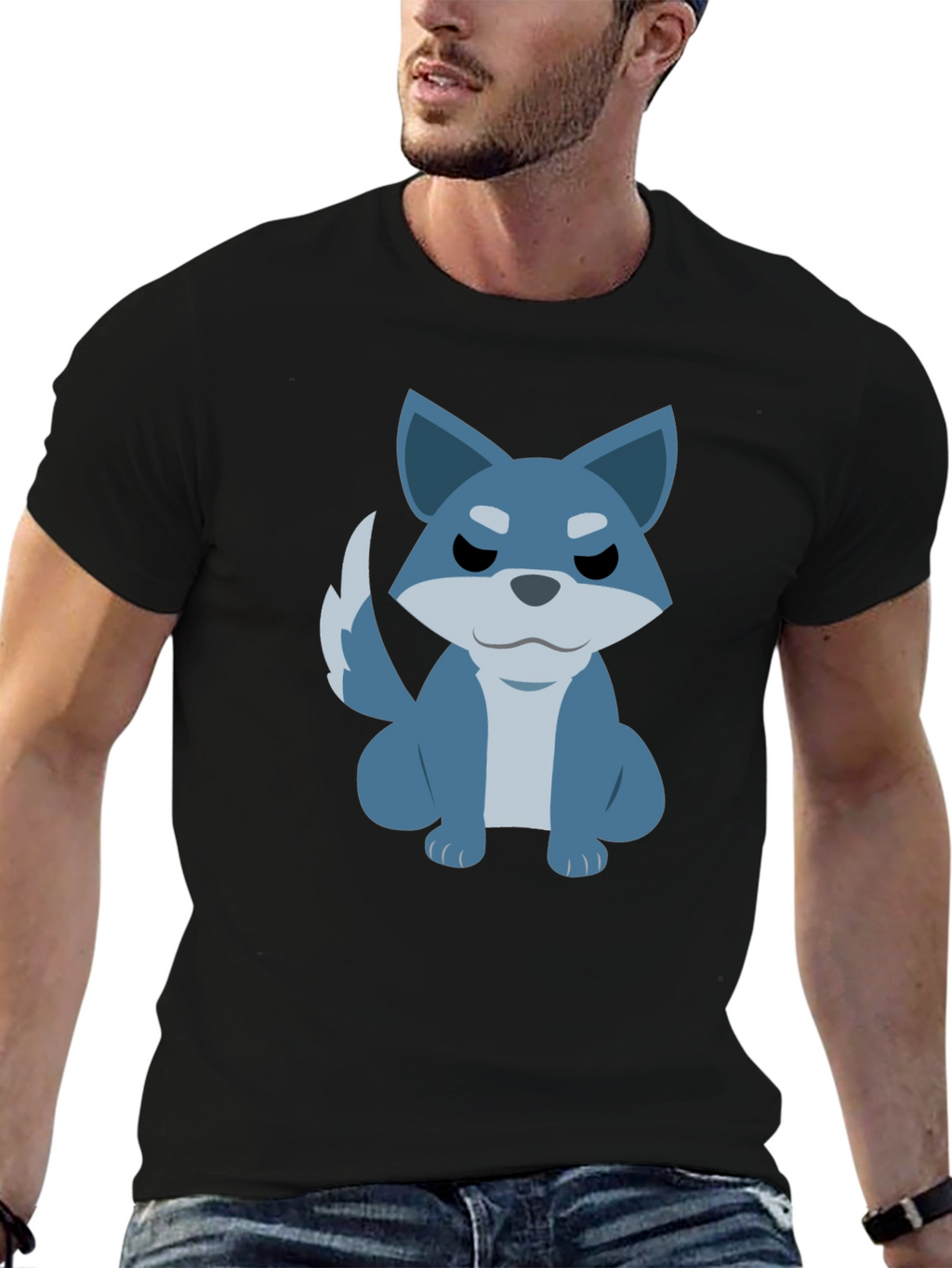 Cartoon Wolf Graphic Tee - Casual Black T-Shirt