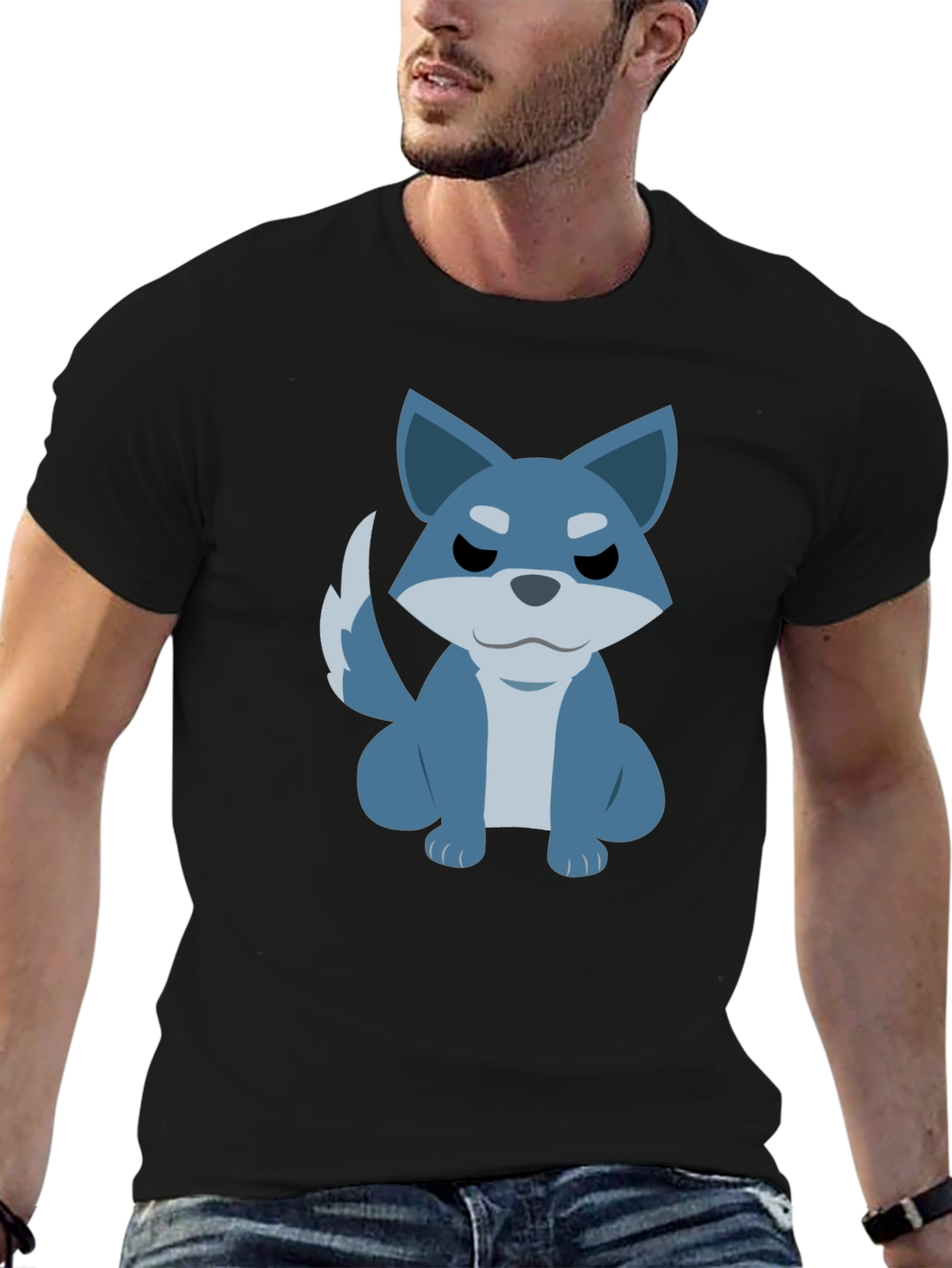 Cartoon Wolf Graphic Tee - Casual Black T-Shirt