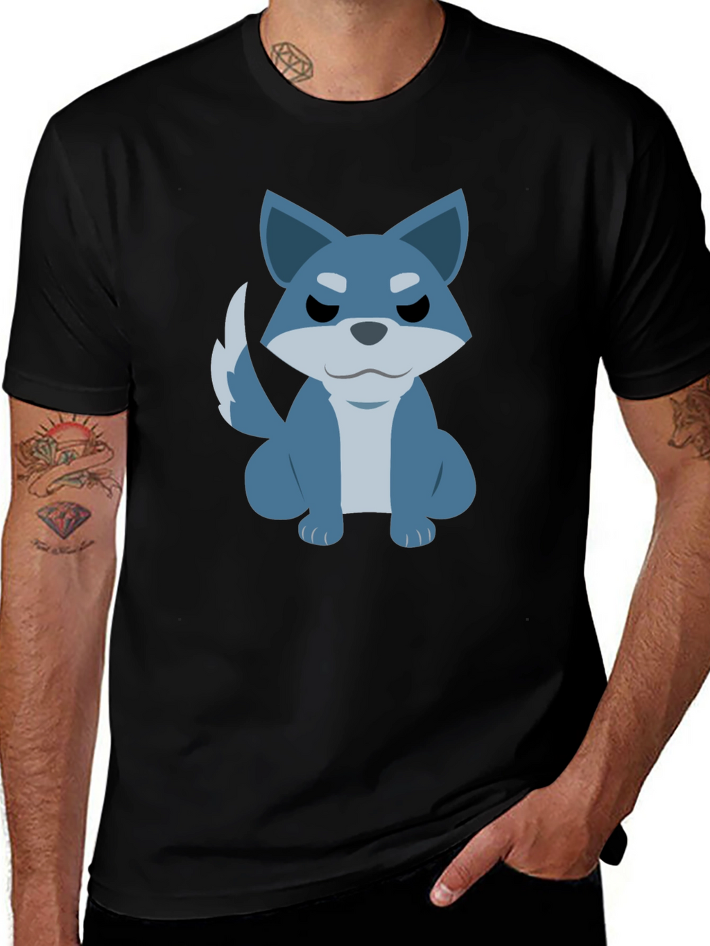 Cartoon Wolf Graphic Tee - Casual Black T-Shirt