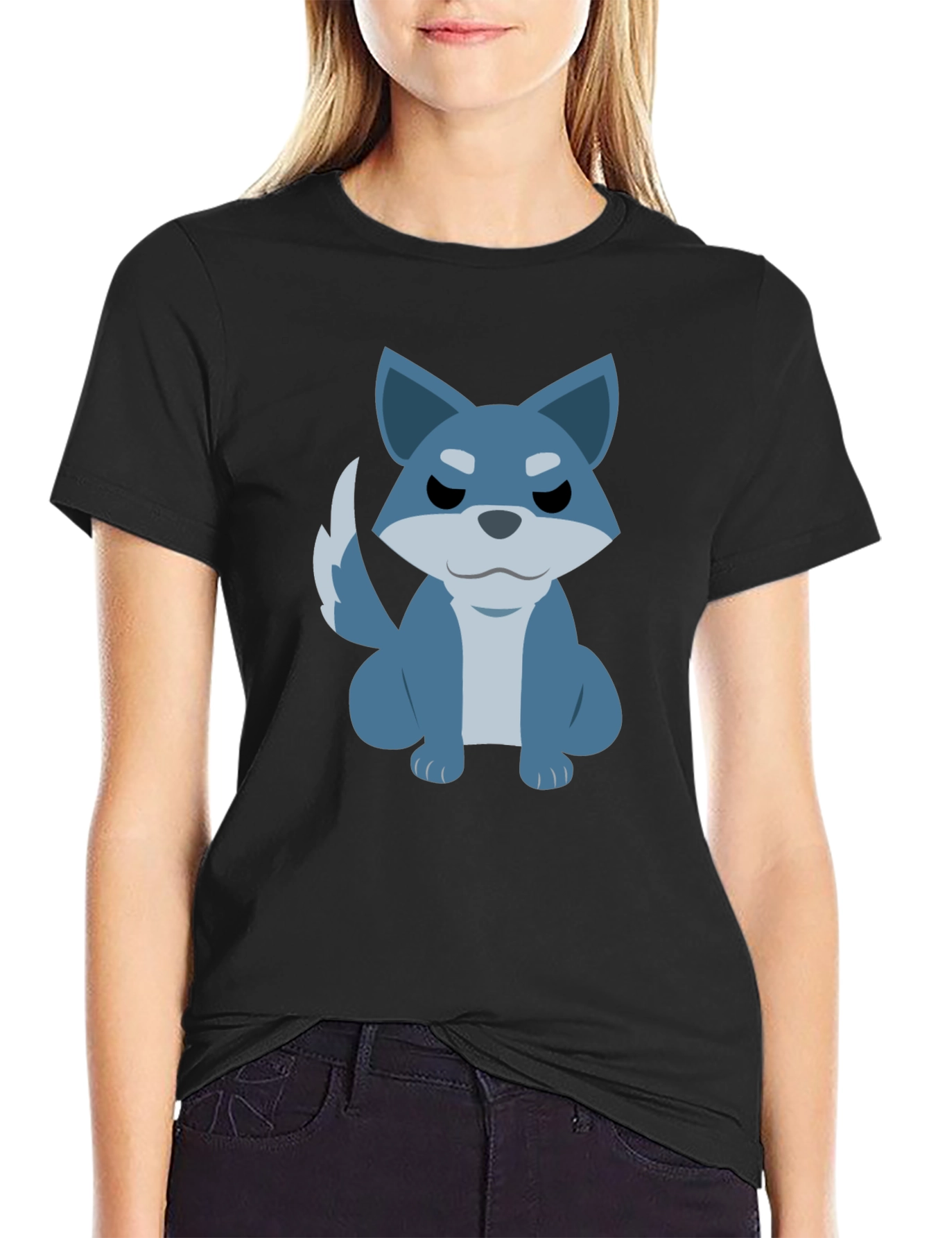 Cartoon Wolf Graphic Tee - Casual Black T-Shirt