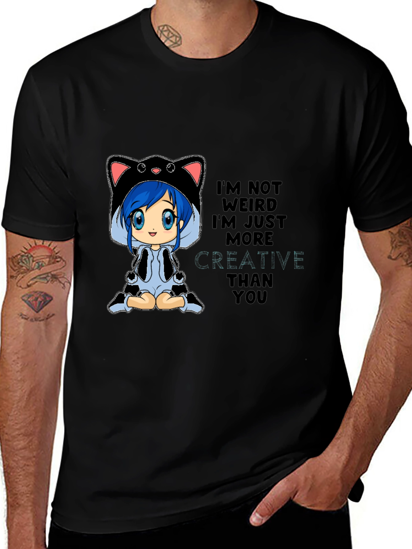 Creative Anime Cat Black T-Shirt
