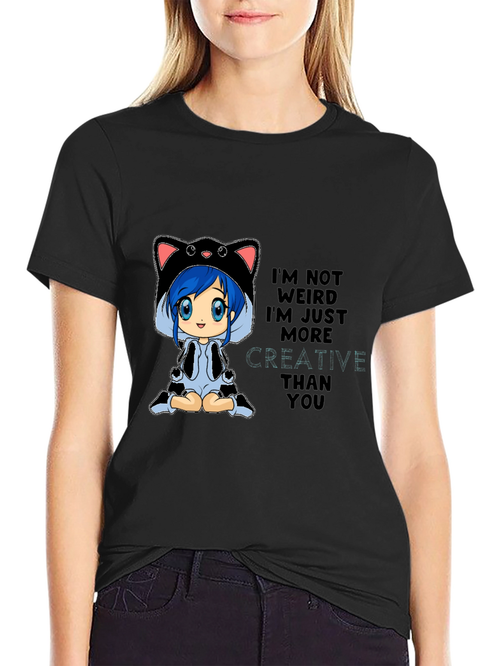Creative Anime Cat Black T-Shirt