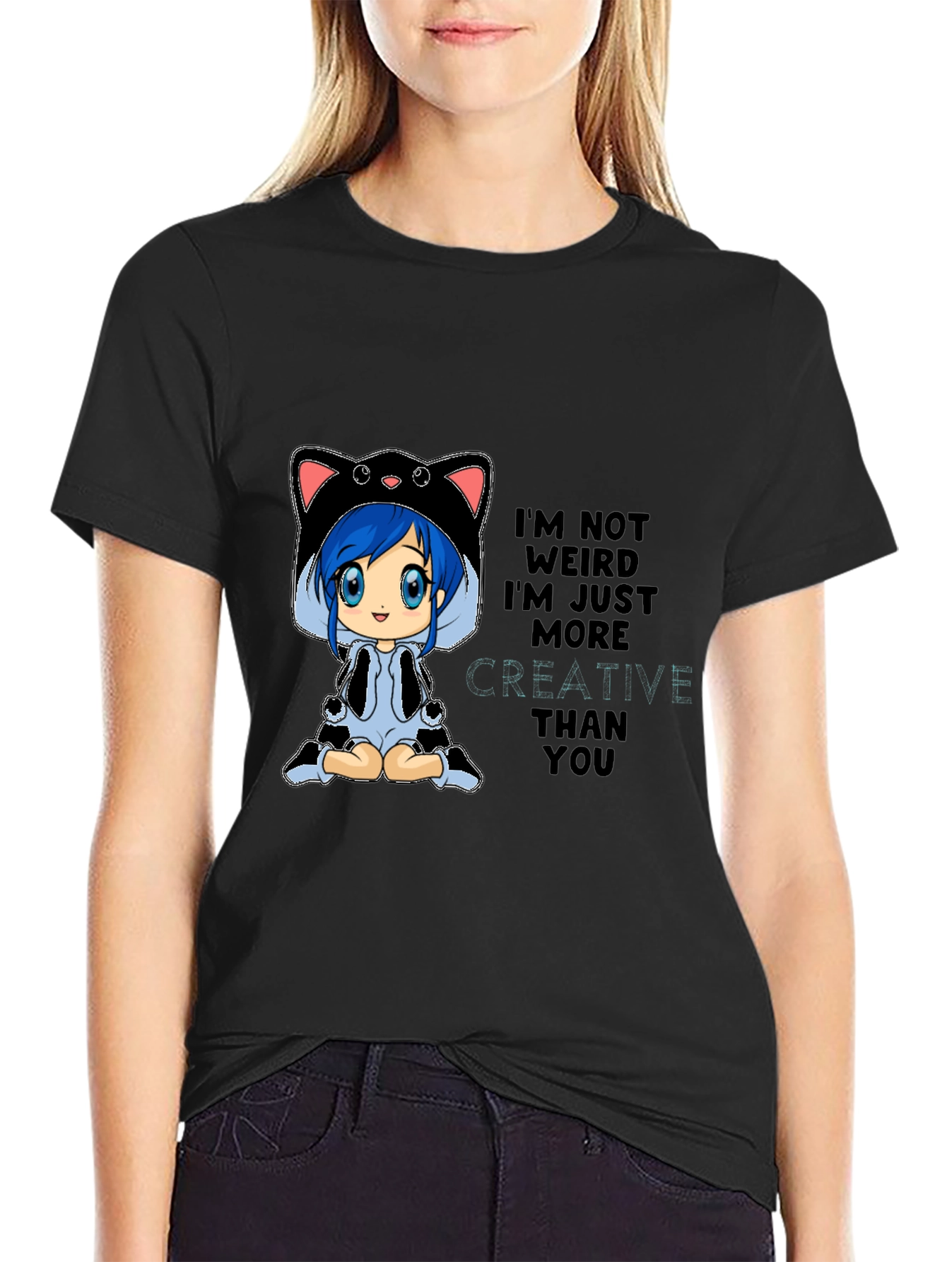 Creative Anime Cat Black T-Shirt