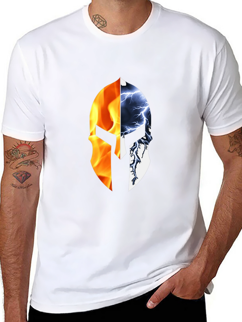 Fire and Ice Spartan Helmet Graphic T-Shirt