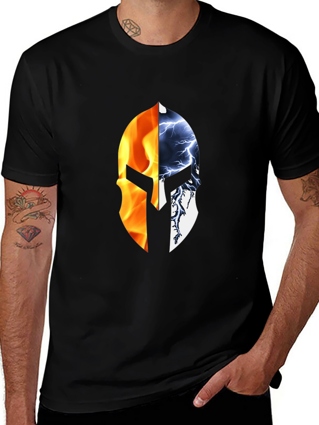 Fire and Ice Spartan Helmet Graphic T-Shirt