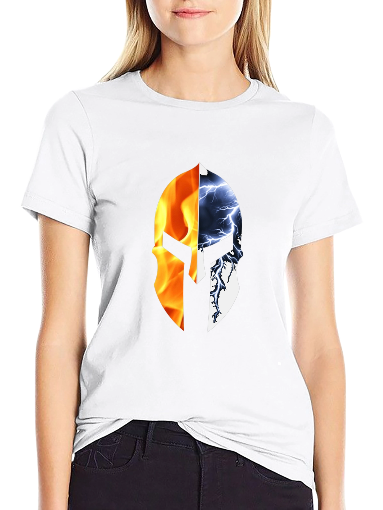 Fire and Ice Spartan Helmet Graphic T-Shirt