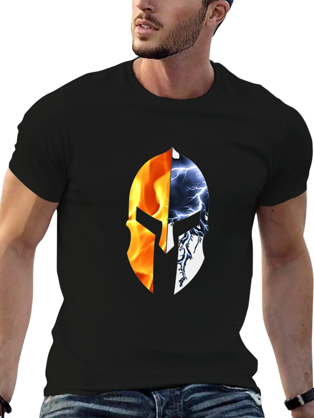 Fire and Ice Spartan Helmet Graphic T-Shirt