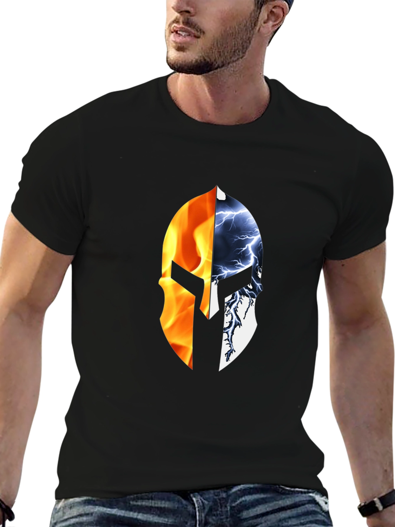 Fire and Ice Spartan Helmet Graphic T-Shirt