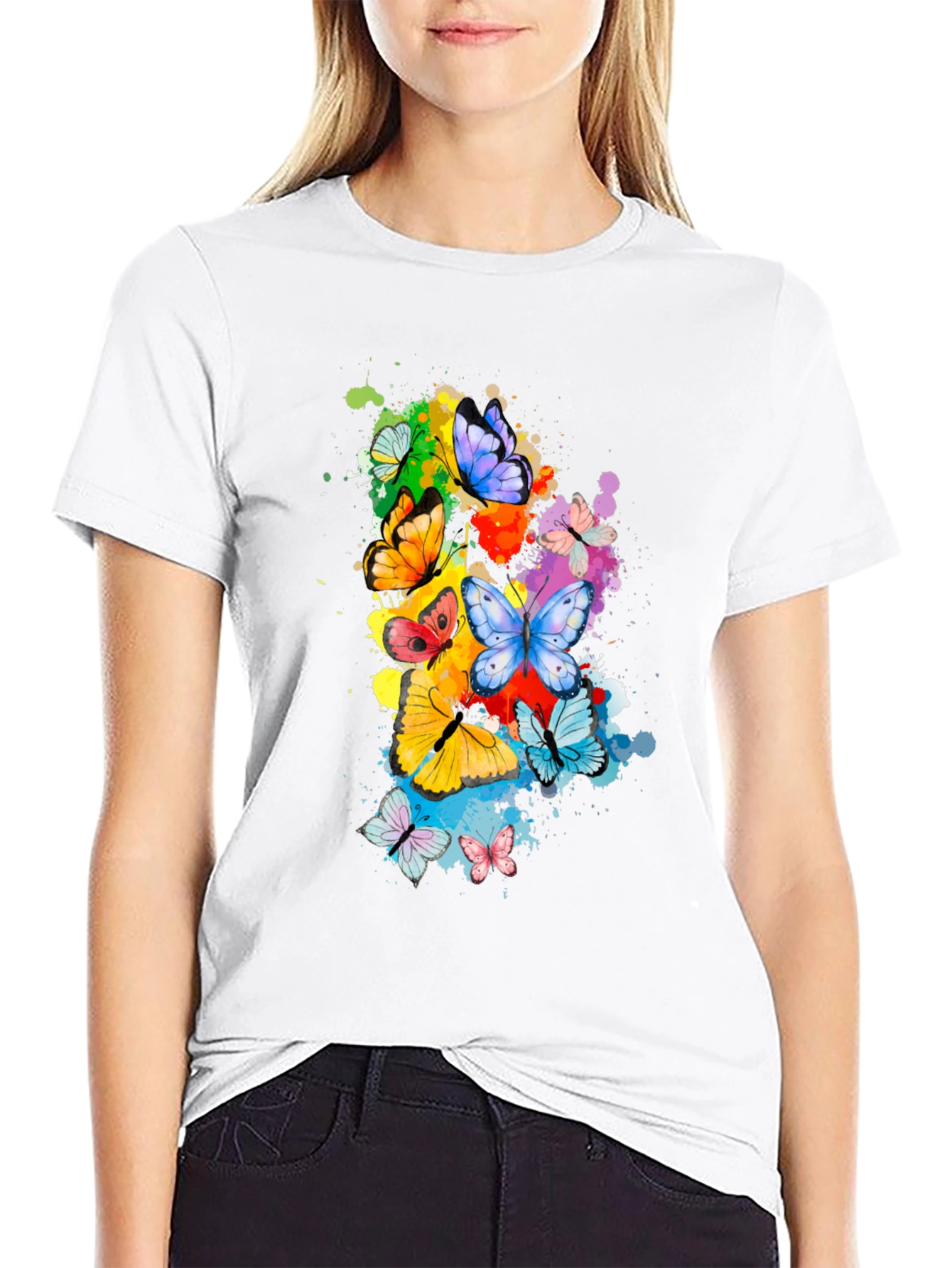 Butterfly Splatter Print Black T-Shirt