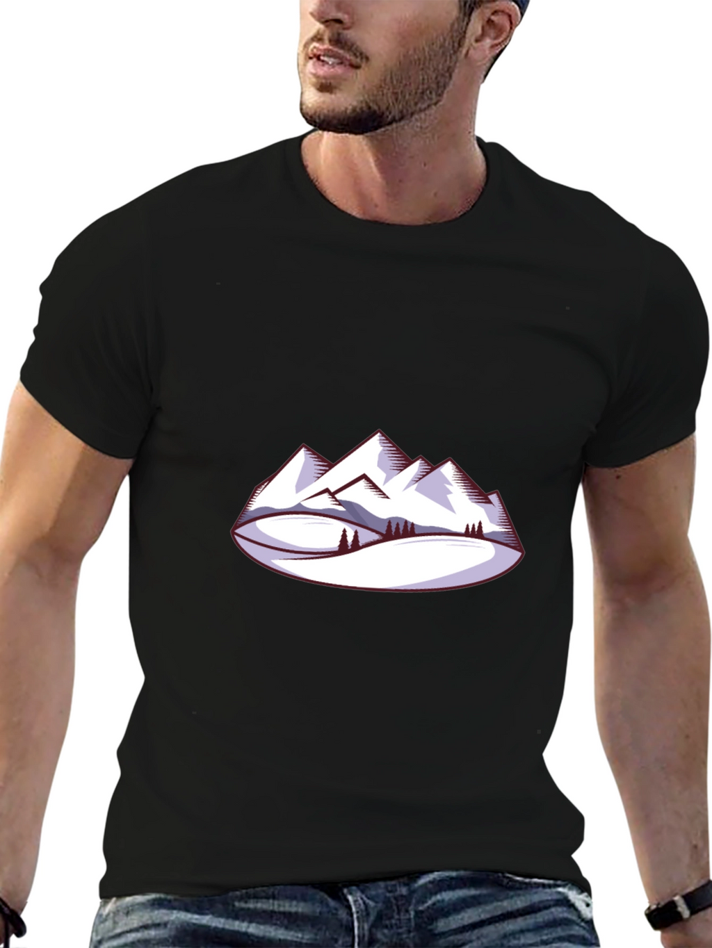 Mountain Scene Graphic Tee - Black Crew Neck