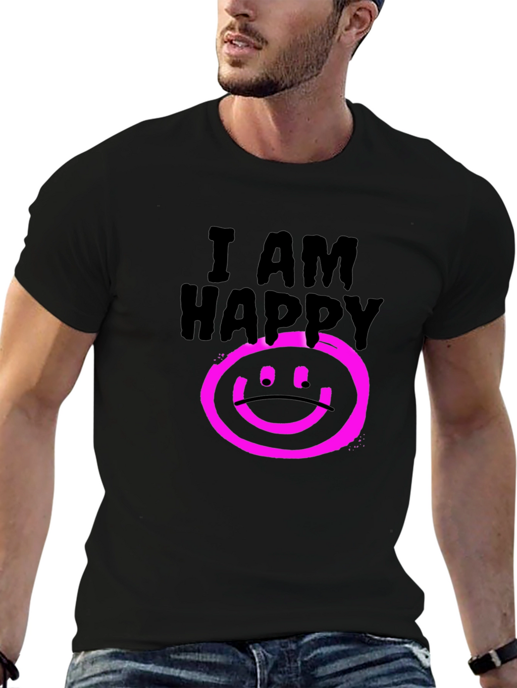 I AM HAPPY Graphic Black T-Shirt