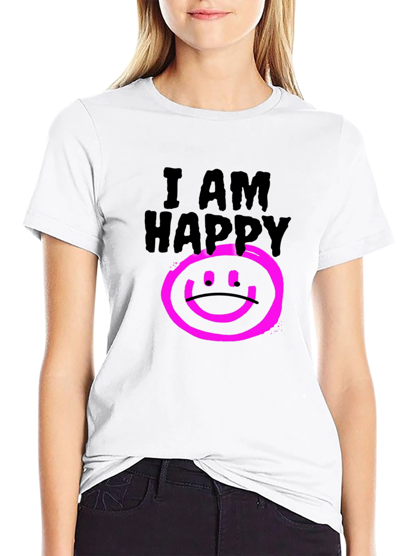 I AM HAPPY Graphic Black T-Shirt