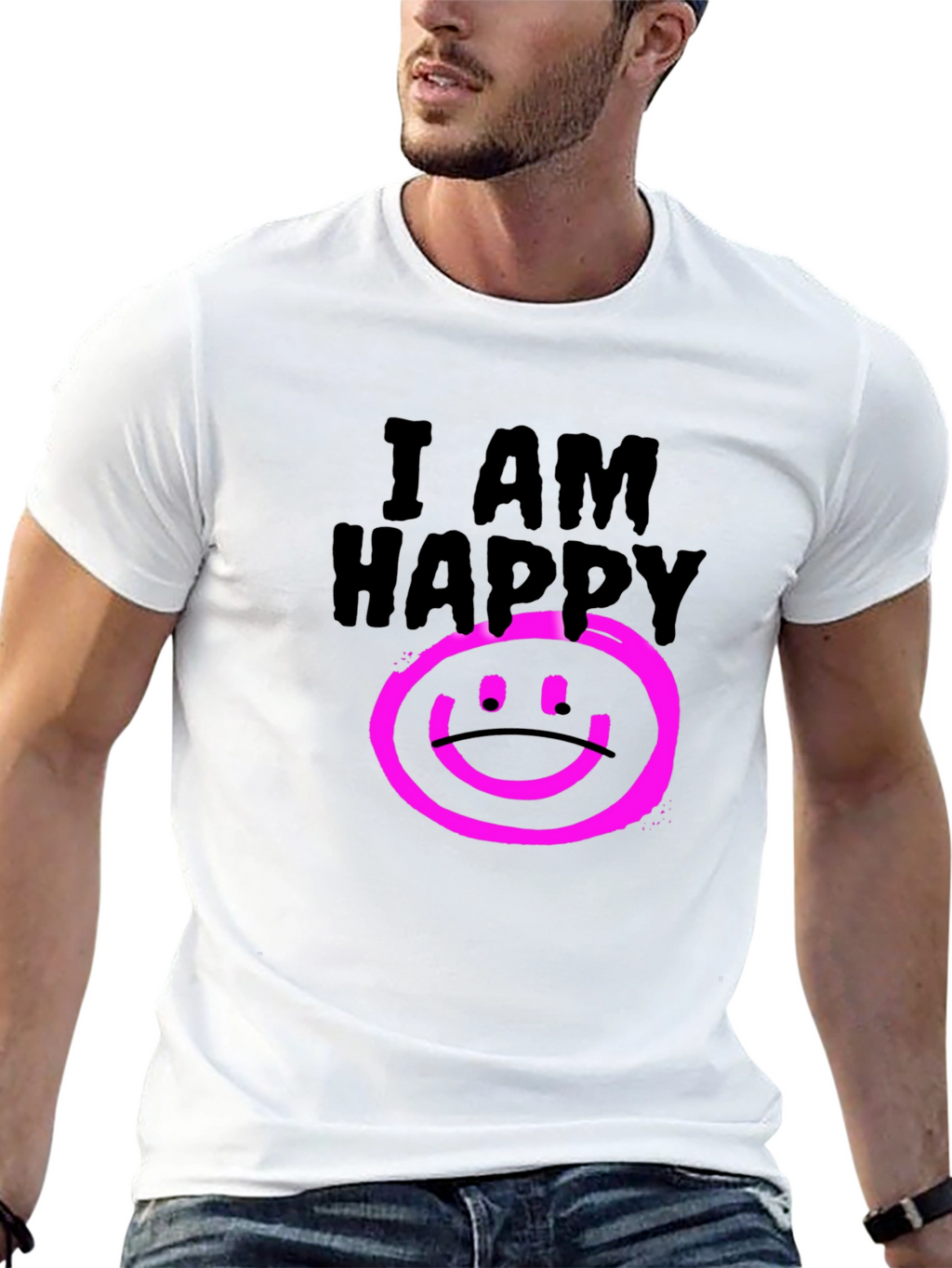 I AM HAPPY Graphic Black T-Shirt