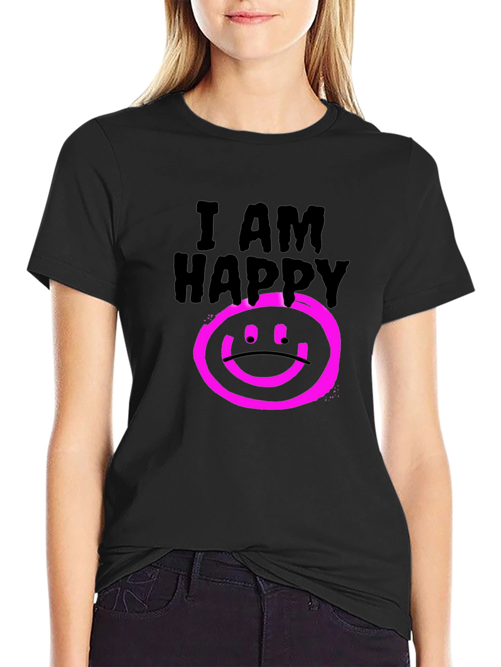 I AM HAPPY Graphic Black T-Shirt
