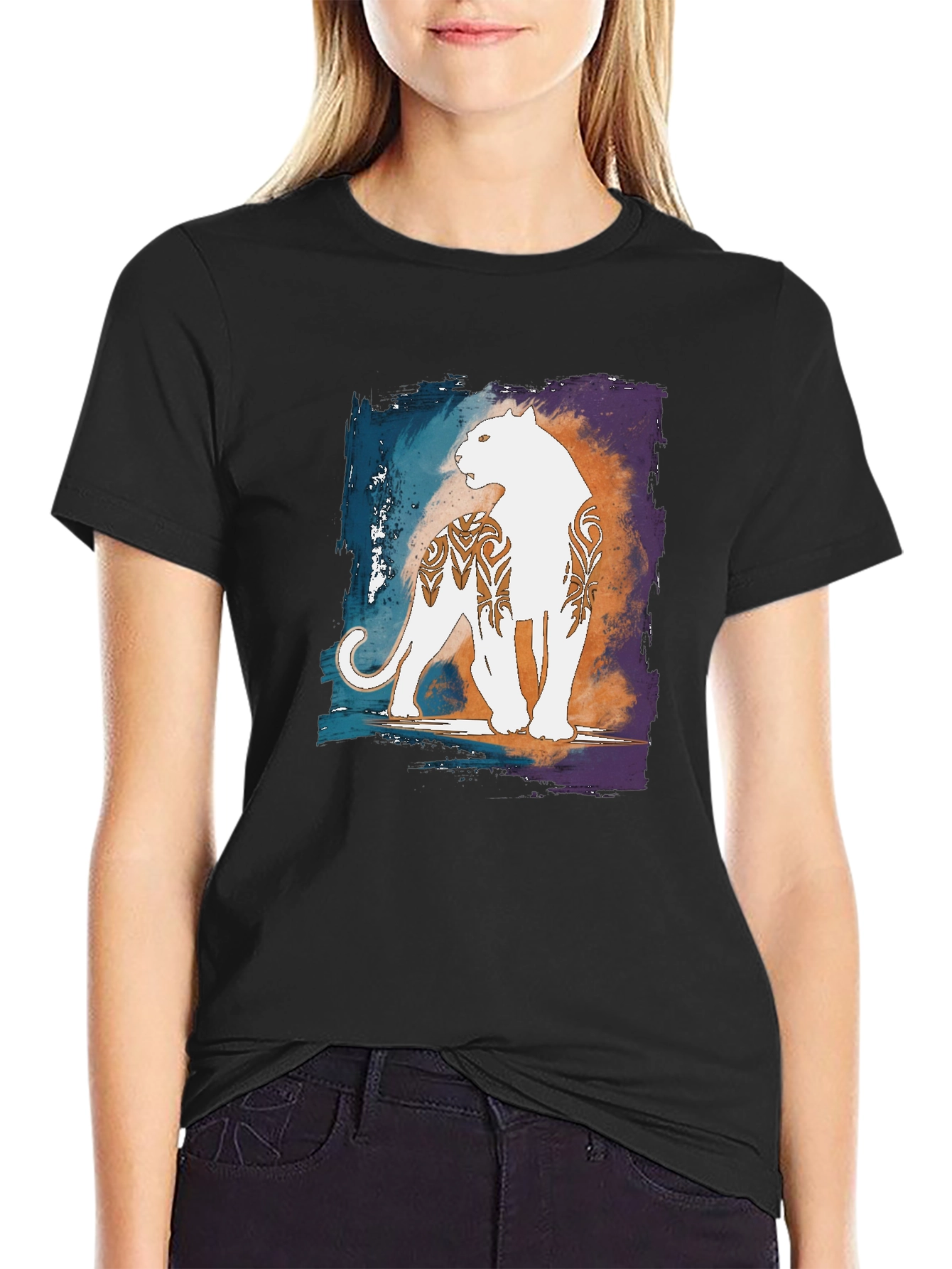 Graphic Black T-Shirt with White Panther Design