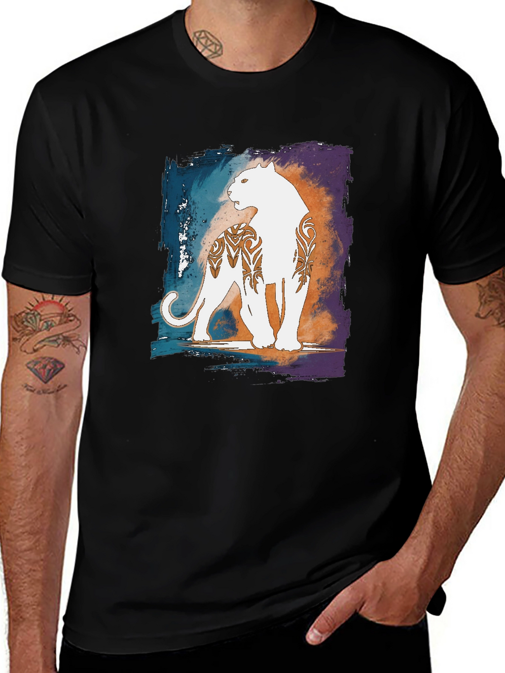 Graphic Black T-Shirt with White Panther Design