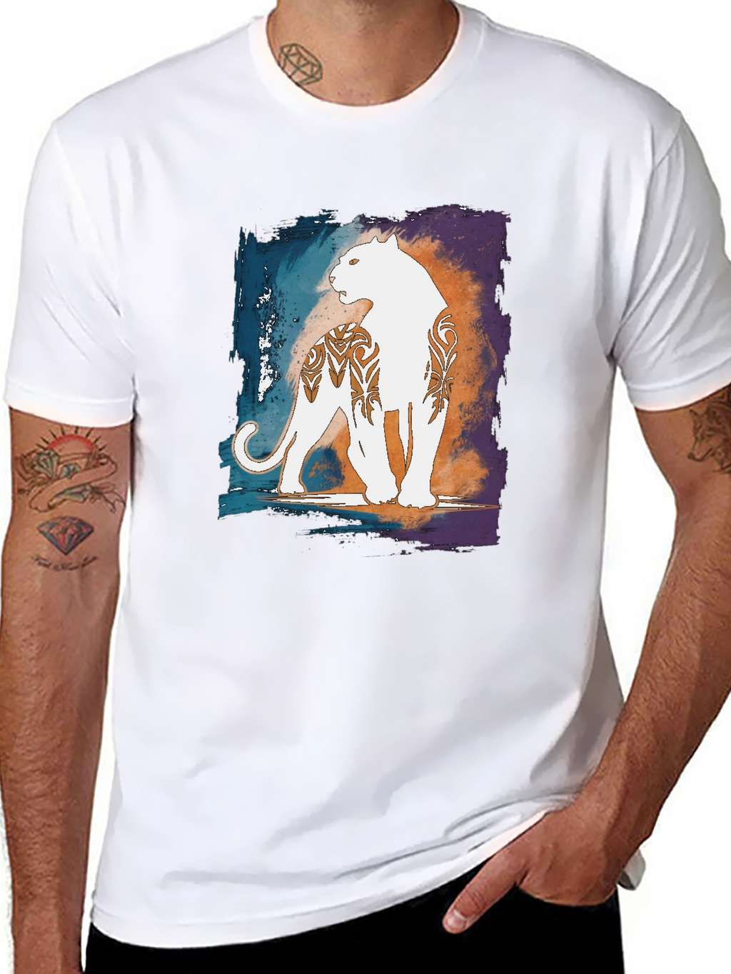 Graphic Black T-Shirt with White Panther Design