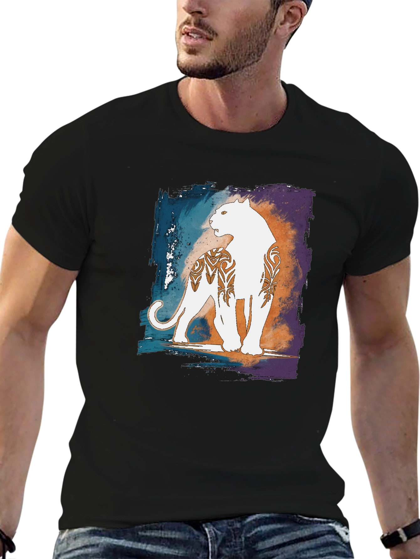 Graphic Black T-Shirt with White Panther Design