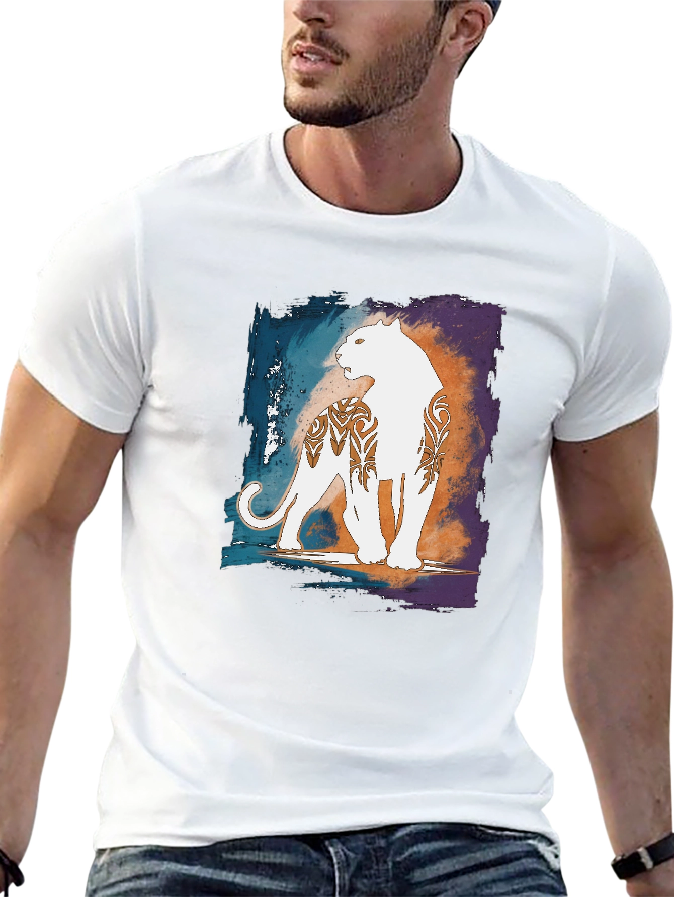 Graphic Black T-Shirt with White Panther Design