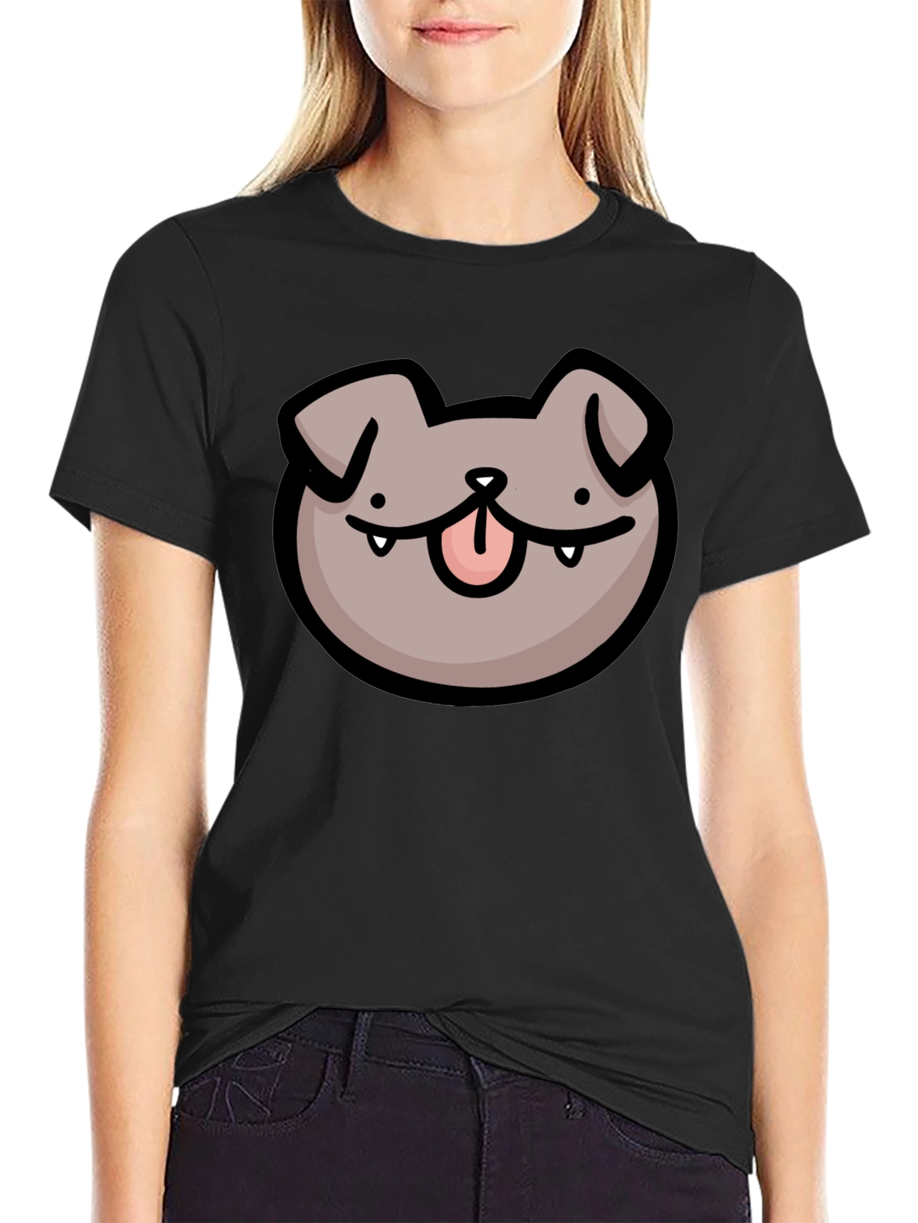 Dog Face Cartoon Black T-Shirt