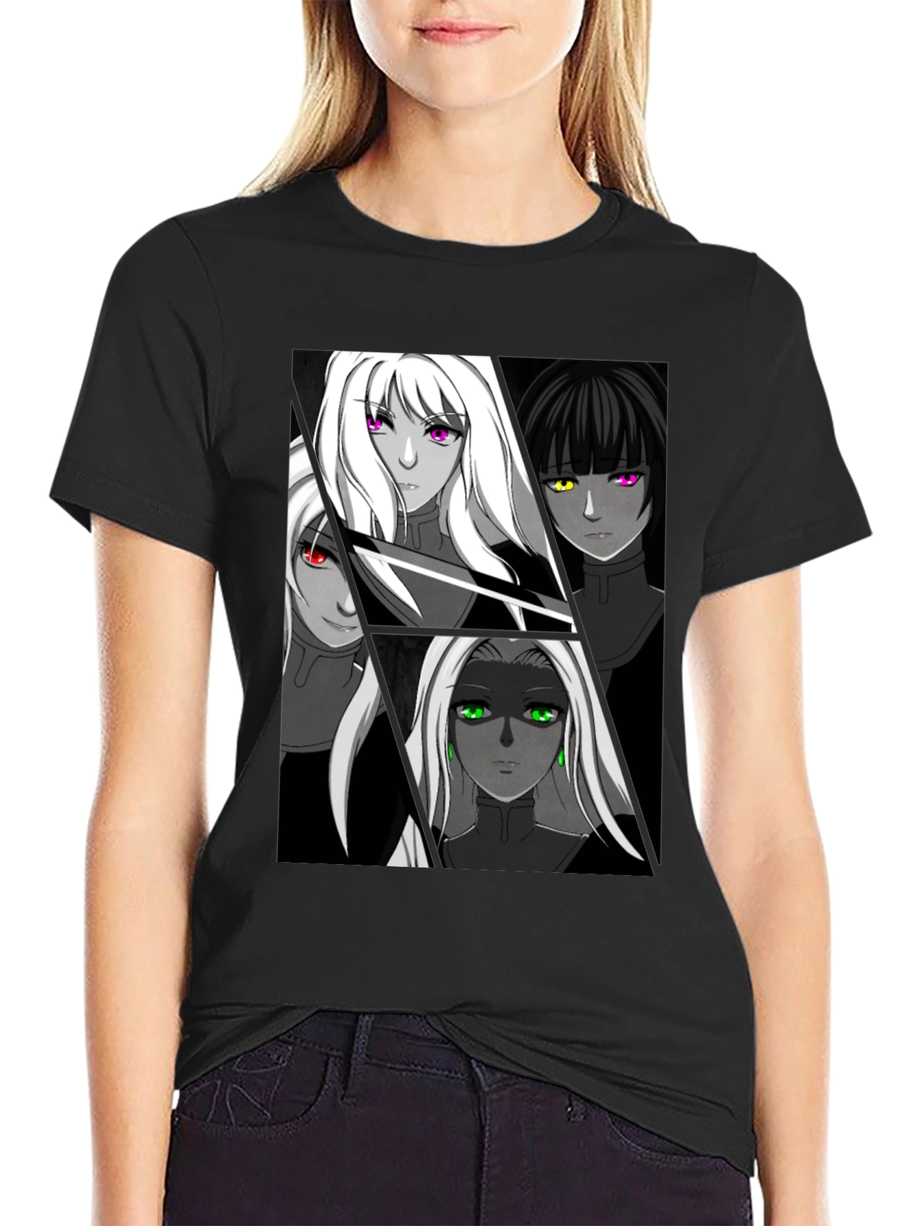 Anime Girls Black Graphic T-Shirt