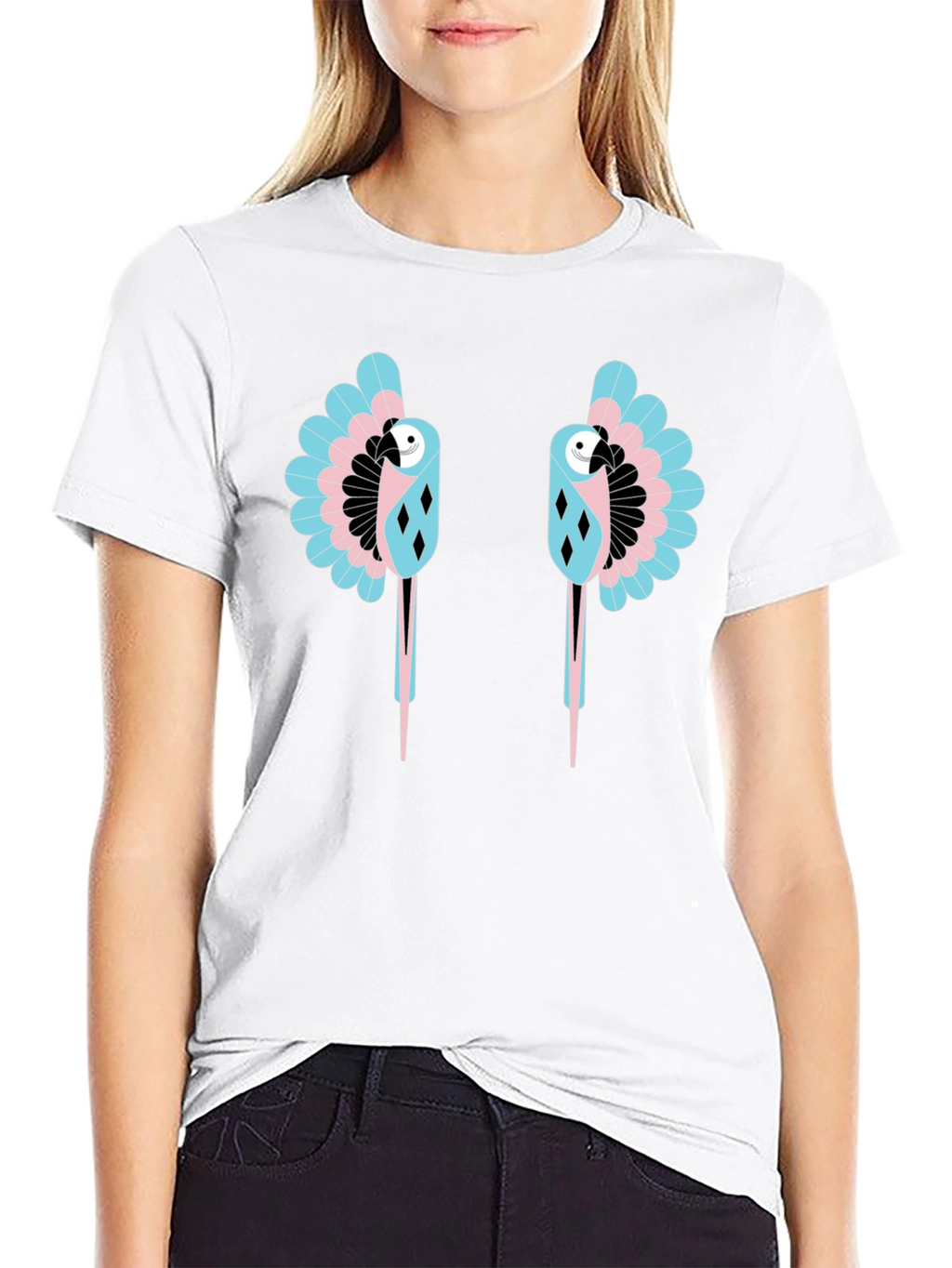 Dual Parrot Graphic Print Black T-Shirt
