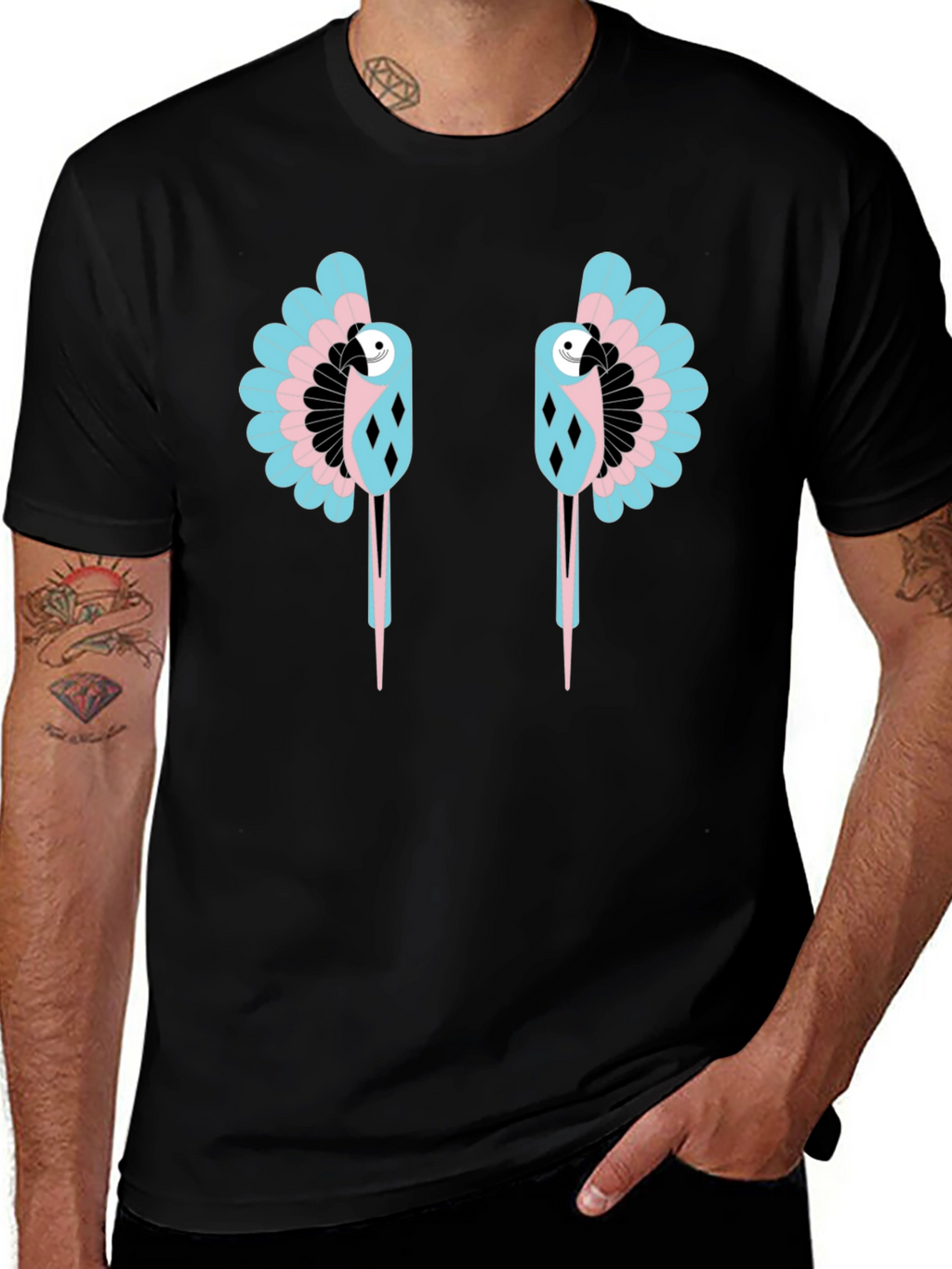 Dual Parrot Graphic Print Black T-Shirt