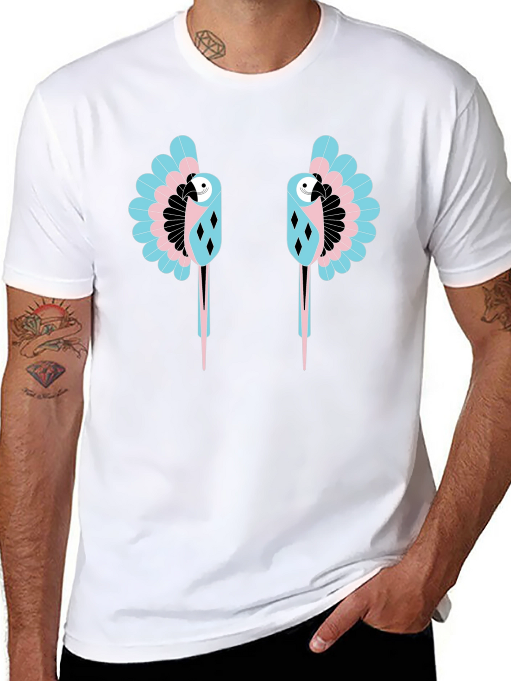 Dual Parrot Graphic Print Black T-Shirt