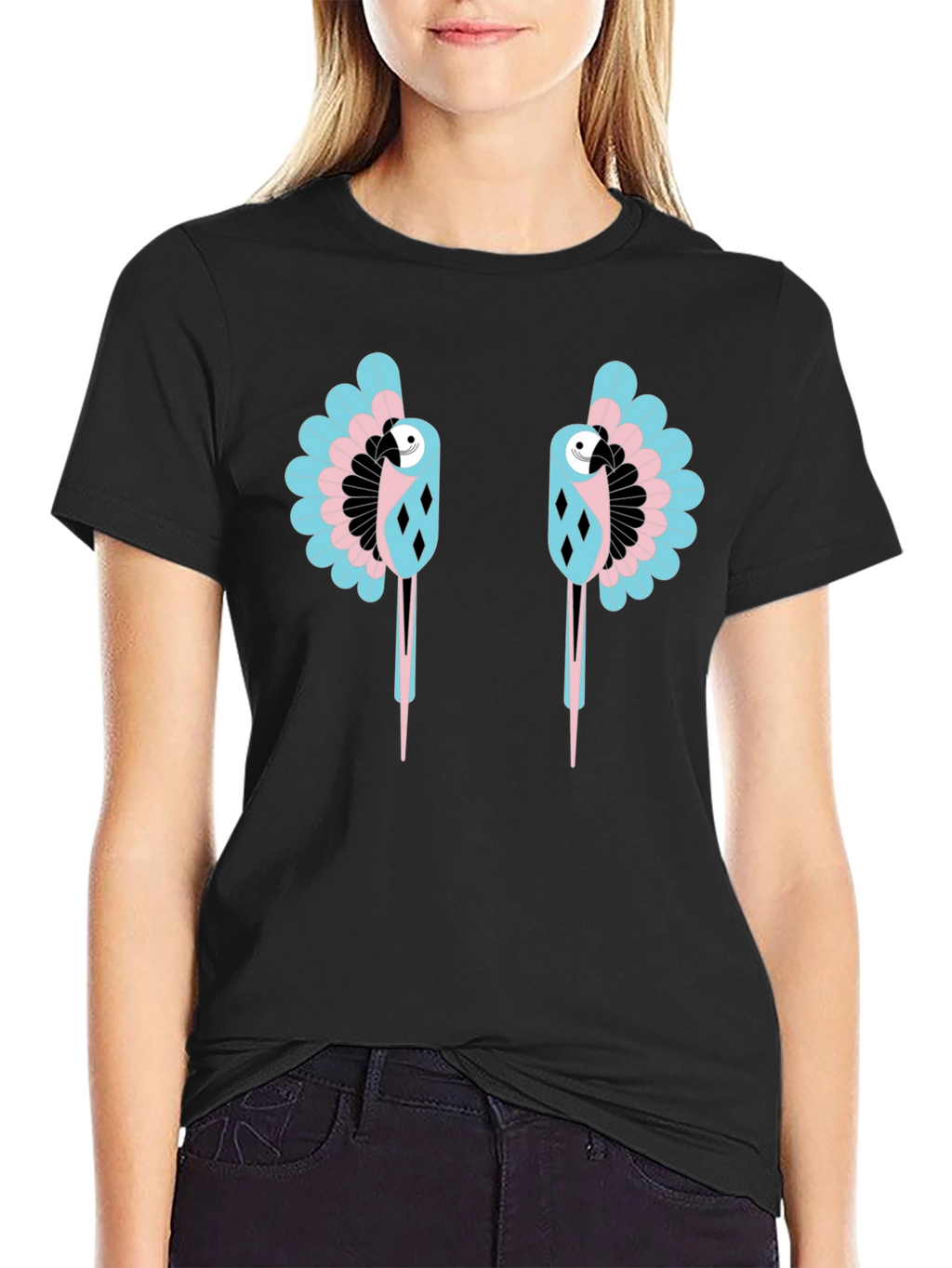 Dual Parrot Graphic Print Black T-Shirt