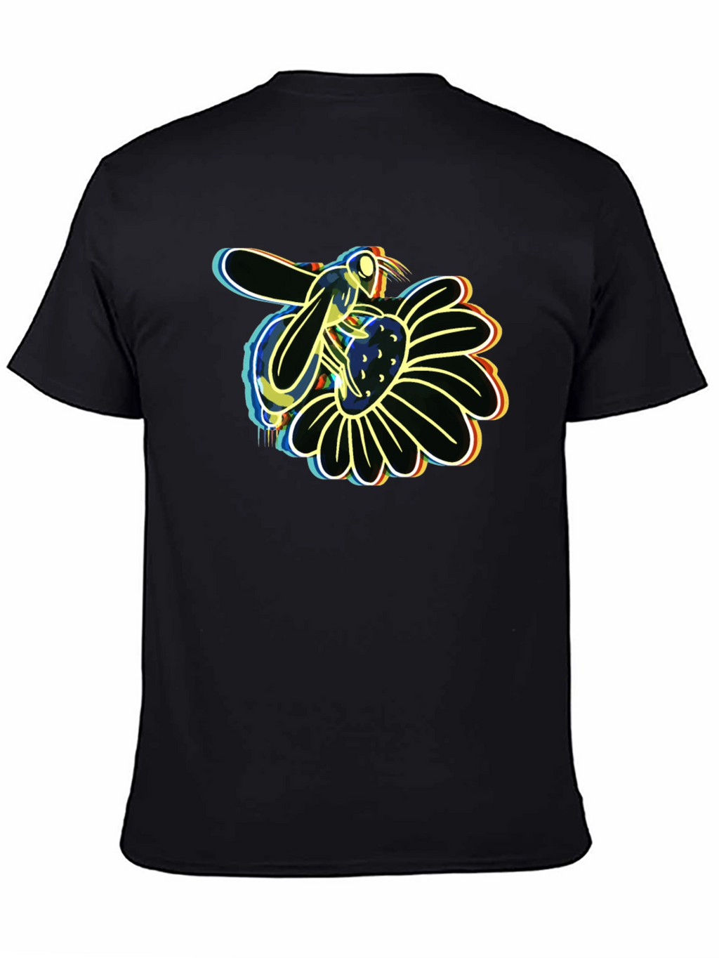 Neon Bee on Flower Graphic Black T-Shirt
